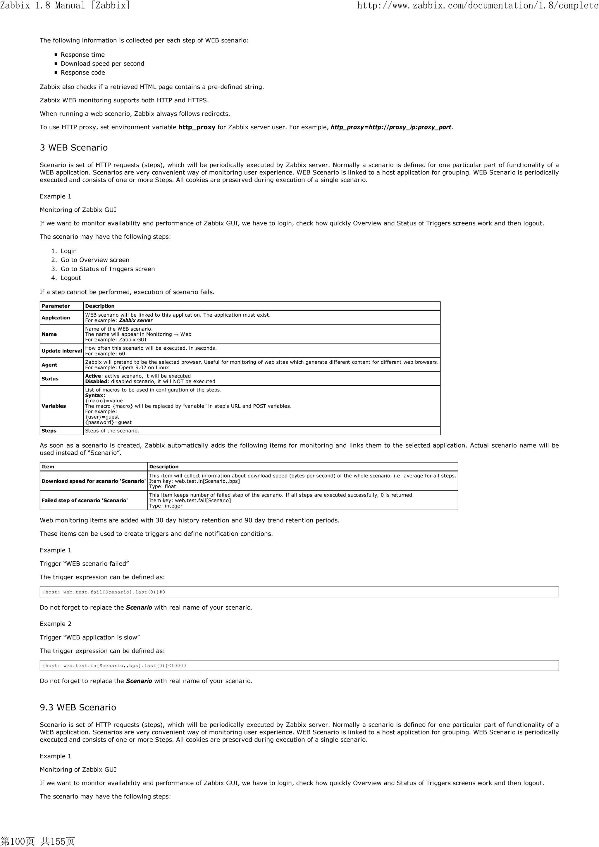 Zabbix 1.8 Manual [Zabbix]                                                                                                               http://www.zabbix.com/documentation/1.8/complete


       The following information is collected per each step of WEB scenario:

                 Response time
                 Download speed per second
                 Response code

       Zabbix also checks if a retrieved HTML page contains a pre-defined string.

       Zabbix WEB monitoring supports both HTTP and HTTPS.

       When running a web scenario, Zabbix always follows redirects.

       To use HTTP proxy, set environment variable http_proxy for Zabbix server user. For example, http_proxy=http://proxy_ip:proxy_port.


       3 WEB Scenario
       Scenario is set of HTTP requests (steps), which will be periodically executed by Zabbix server. Normally a scenario is defined for one particular part of functionality of a
       WEB application. Scenarios are very convenient way of monitoring user experience. WEB Scenario is linked to a host application for grouping. WEB Scenario is periodically
       executed and consists of one or more Steps. All cookies are preserved during execution of a single scenario.

       Example 1

       Monitoring of Zabbix GUI

       If we want to monitor availability and performance of Zabbix GUI, we have to login, check how quickly Overview and Status of Triggers screens work and then logout.

       The scenario may have the following steps:

           1. Login
           2. Go to Overview screen
           3. Go to Status of Triggers screen
           4. Logout

       If a step cannot be performed, execution of scenario fails.

        Parameter         Description
                          WEB scenario will be linked to this application. The application must exist.
        Application
                          For example: Zabbix server
                          Name of the WEB scenario.
        Name              The name will appear in Monitoring → Web
                          For example: Zabbix GUI
                          How often this scenario will be executed, in seconds.
        Update interval
                          For example: 60
                          Zabbix will pretend to be the selected browser. Useful for monitoring of web sites which generate different content for different web browsers.
        Agent
                          For example: Opera 9.02 on Linux
                          Active: active scenario, it will be executed
        Status
                          Disabled: disabled scenario, it will NOT be executed
                          List of macros to be used in configuration of the steps.
                          Syntax:
                          {macro}=value
        Variables         The macro {macro} will be replaced by “variable” in step's URL and POST variables.
                          For example:
                          {user}=guest
                          {password}=guest
        Steps             Steps of the scenario.


       As soon as a scenario is created, Zabbix automatically adds the following items for monitoring and links them to the selected application. Actual scenario name will be
       used instead of “Scenario”.

        Item                                        Description
                                               This item will collect information about download speed (bytes per second) of the whole scenario, i.e. average for all steps.
        Download speed for scenario 'Scenario' Item key: web.test.in[Scenario,,bps]
                                               Type: float
                                                    This item keeps number of failed step of the scenario. If all steps are executed successfully, 0 is returned.
        Failed step of scenario 'Scenario'          Item key: web.test.fail[Scenario]
                                                    Type: integer


       Web monitoring items are added with 30 day history retention and 90 day trend retention periods.

       These items can be used to create triggers and define notification conditions.

       Example 1

       Trigger “WEB scenario failed”

       The trigger expression can be defined as:

        {host: web.test.fail[Scenario].last(0)}#0


       Do not forget to replace the Scenario with real name of your scenario.

       Example 2

       Trigger “WEB application is slow”

       The trigger expression can be defined as:

        {host: web.test.in[Scenario,,bps].last(0)}<10000


       Do not forget to replace the Scenario with real name of your scenario.



       9.3 WEB Scenario
       Scenario is set of HTTP requests (steps), which will be periodically executed by Zabbix server. Normally a scenario is defined for one particular part of functionality of a
       WEB application. Scenarios are very convenient way of monitoring user experience. WEB Scenario is linked to a host application for grouping. WEB Scenario is periodically
       executed and consists of one or more Steps. All cookies are preserved during execution of a single scenario.

       Example 1

       Monitoring of Zabbix GUI

       If we want to monitor availability and performance of Zabbix GUI, we have to login, check how quickly Overview and Status of Triggers screens work and then logout.

       The scenario may have the following steps:




第100页 共155页
 