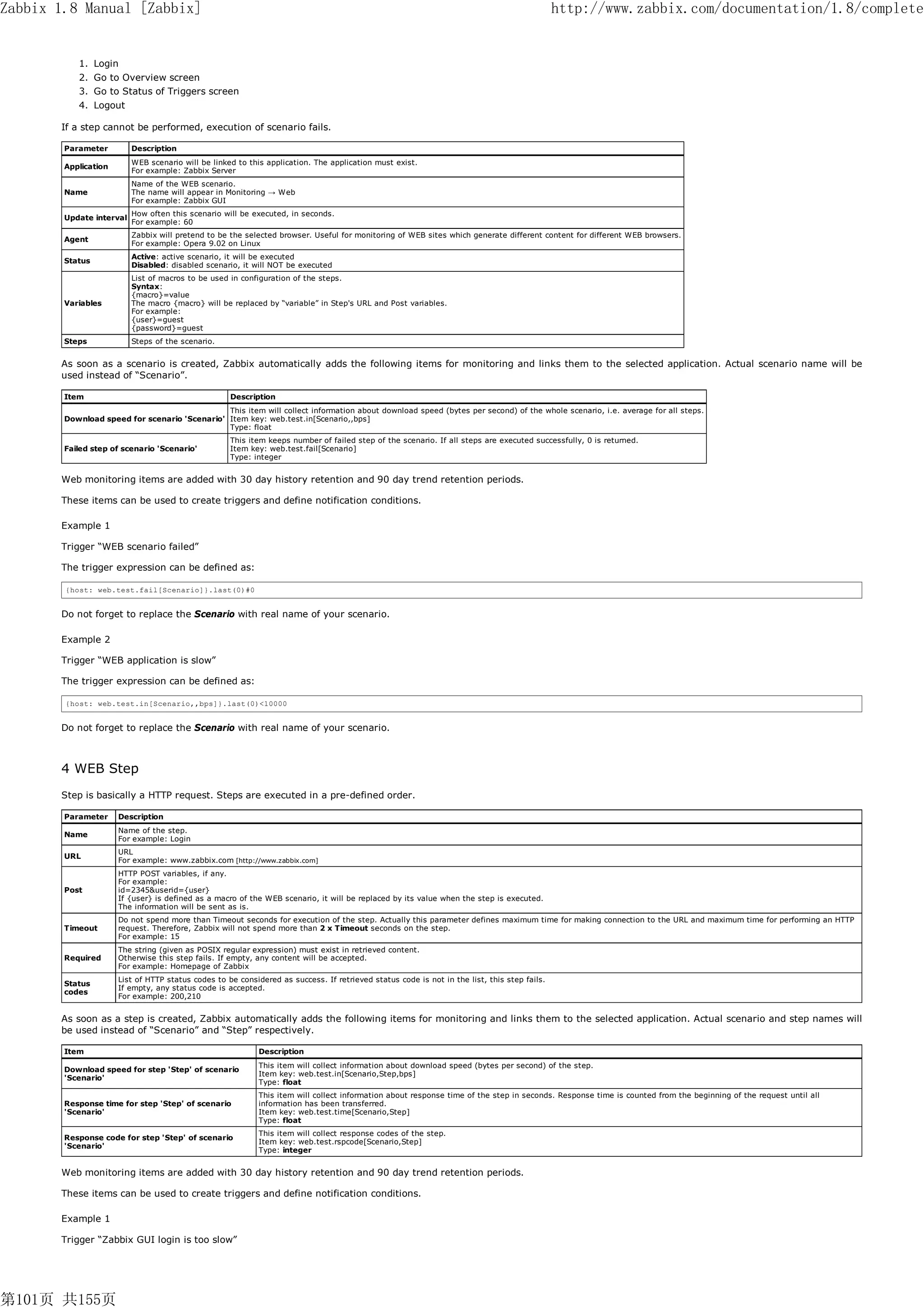 Zabbix 1.8 Manual [Zabbix]                                                                                                                   http://www.zabbix.com/documentation/1.8/complete


           1. Login
           2. Go to Overview screen
           3. Go to Status of Triggers screen
           4. Logout

       If a step cannot be performed, execution of scenario fails.

        Parameter         Description
                          WEB scenario will be linked to this application. The application must exist.
        Application
                          For example: Zabbix Server
                          Name of the WEB scenario.
        Name              The name will appear in Monitoring → Web
                          For example: Zabbix GUI
                          How often this scenario will be executed, in seconds.
        Update interval
                          For example: 60
                          Zabbix will pretend to be the selected browser. Useful for monitoring of WEB sites which generate different content for different WEB browsers.
        Agent
                          For example: Opera 9.02 on Linux
                          Active: active scenario, it will be executed
        Status
                          Disabled: disabled scenario, it will NOT be executed
                          List of macros to be used in configuration of the steps.
                          Syntax:
                          {macro}=value
        Variables         The macro {macro} will be replaced by “variable” in Step's URL and Post variables.
                          For example:
                          {user}=guest
                          {password}=guest
        Steps             Steps of the scenario.


       As soon as a scenario is created, Zabbix automatically adds the following items for monitoring and links them to the selected application. Actual scenario name will be
       used instead of “Scenario”.

        Item                                        Description
                                               This item will collect information about download speed (bytes per second) of the whole scenario, i.e. average for all steps.
        Download speed for scenario 'Scenario' Item key: web.test.in[Scenario,,bps]
                                               Type: float
                                                    This item keeps number of failed step of the scenario. If all steps are executed successfully, 0 is returned.
        Failed step of scenario 'Scenario'          Item key: web.test.fail[Scenario]
                                                    Type: integer


       Web monitoring items are added with 30 day history retention and 90 day trend retention periods.

       These items can be used to create triggers and define notification conditions.

       Example 1

       Trigger “WEB scenario failed”

       The trigger expression can be defined as:

        {host: web.test.fail[Scenario]}.last(0)#0


       Do not forget to replace the Scenario with real name of your scenario.

       Example 2

       Trigger “WEB application is slow”

       The trigger expression can be defined as:

        {host: web.test.in[Scenario,,bps]}.last(0)<10000


       Do not forget to replace the Scenario with real name of your scenario.



       4 WEB Step
       Step is basically a HTTP request. Steps are executed in a pre-defined order.

        Parameter     Description
                      Name of the step.
        Name
                      For example: Login
                      URL
        URL
                      For example: www.zabbix.com [http://www.zabbix.com]
                      HTTP POST variables, if any.
                      For example:
        Post          id=2345&userid={user}
                      If {user} is defined as a macro of the WEB scenario, it will be replaced by its value when the step is executed.
                      The information will be sent as is.
                      Do not spend more than Timeout seconds for execution of the step. Actually this parameter defines maximum time for making connection to the URL and maximum time for performing an HTTP
        Timeout       request. Therefore, Zabbix will not spend more than 2 x Timeout seconds on the step.
                      For example: 15
                      The string (given as POSIX regular expression) must exist in retrieved content.
        Required      Otherwise this step fails. If empty, any content will be accepted.
                      For example: Homepage of Zabbix
                      List of HTTP status codes to be considered as success. If retrieved status code is not in the list, this step fails.
        Status
                      If empty, any status code is accepted.
        codes
                      For example: 200,210


       As soon as a step is created, Zabbix automatically adds the following items for monitoring and links them to the selected application. Actual scenario and step names will
       be used instead of “Scenario” and “Step” respectively.

        Item                                                Description
                                                            This item will collect information about download speed (bytes per second) of the step.
        Download speed for step 'Step' of scenario
                                                            Item key: web.test.in[Scenario,Step,bps]
        'Scenario'
                                                            Type: float
                                                            This item will collect information about response time of the step in seconds. Response time is counted from the beginning of the request until all
        Response time for step 'Step' of scenario           information has been transferred.
        'Scenario'                                          Item key: web.test.time[Scenario,Step]
                                                            Type: float
                                                            This item will collect response codes of the step.
        Response code for step 'Step' of scenario
                                                            Item key: web.test.rspcode[Scenario,Step]
        'Scenario'
                                                            Type: integer


       Web monitoring items are added with 30 day history retention and 90 day trend retention periods.

       These items can be used to create triggers and define notification conditions.

       Example 1

       Trigger “Zabbix GUI login is too slow”




第101页 共155页
 