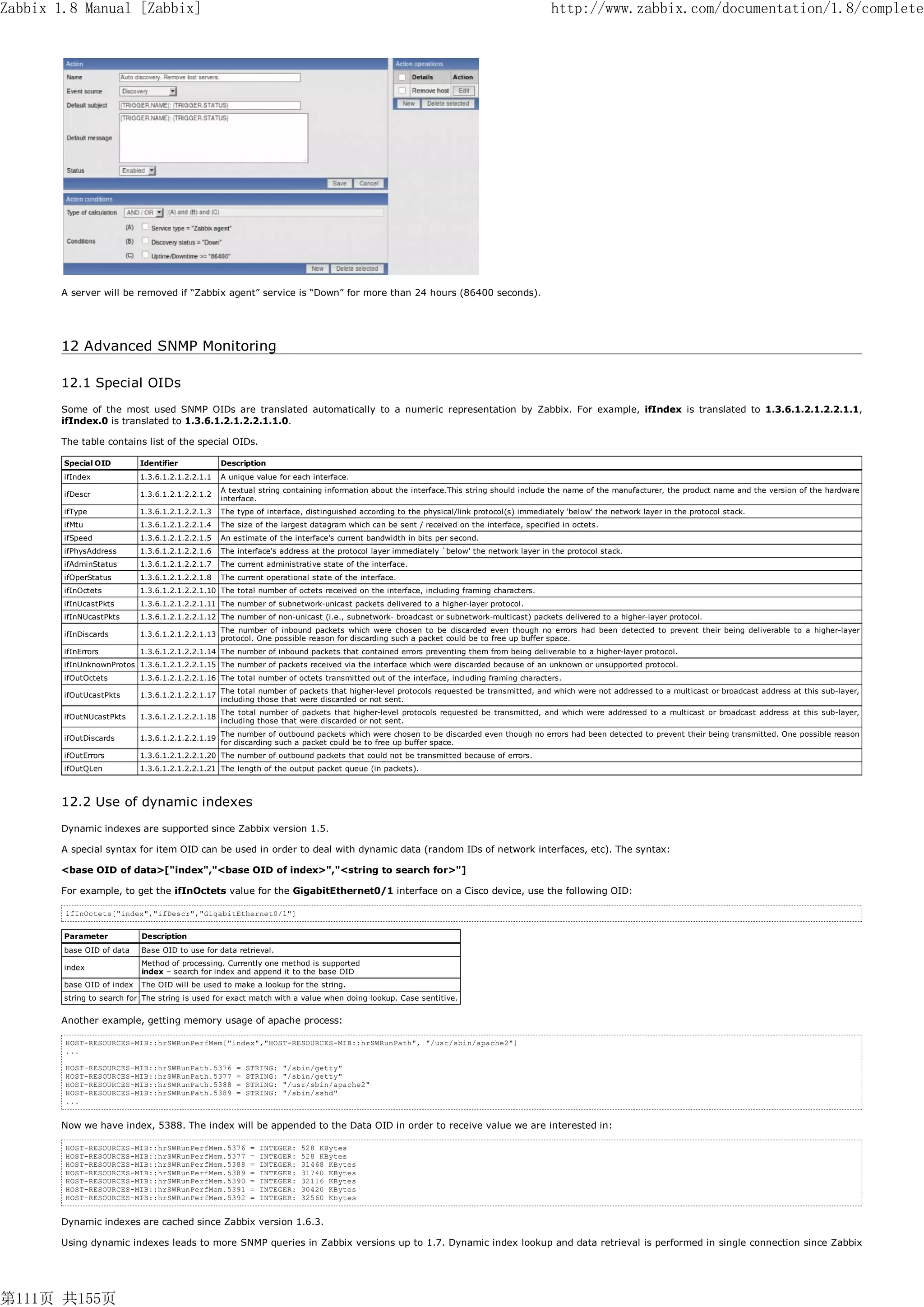 Zabbix 1.8 Manual [Zabbix]                                                                                                                 http://www.zabbix.com/documentation/1.8/complete




       A server will be removed if “Zabbix agent” service is “Down” for more than 24 hours (86400 seconds).




       12 Advanced SNMP Monitoring

       12.1 Special OIDs
       Some of the most used SNMP OIDs are translated automatically to a numeric representation by Zabbix. For example, ifIndex is translated to 1.3.6.1.2.1.2.2.1.1,
       ifIndex.0 is translated to 1.3.6.1.2.1.2.2.1.1.0.

       The table contains list of the special OIDs.

        Special OID         Identifier             Description
        ifIndex             1.3.6.1.2.1.2.2.1.1    A unique value for each interface.
                                                   A textual string containing information about the interface.This string should include the name of the manufacturer, the product name and the version of the hardware
        ifDescr             1.3.6.1.2.1.2.2.1.2
                                                   interface.
        ifType              1.3.6.1.2.1.2.2.1.3    The type of interface, distinguished according to the physical/link protocol(s) immediately 'below' the network layer in the protocol stack.
        ifMtu               1.3.6.1.2.1.2.2.1.4    The size of the largest datagram which can be sent / received on the interface, specified in octets.
        ifSpeed             1.3.6.1.2.1.2.2.1.5    An estimate of the interface's current bandwidth in bits per second.
        ifPhysAddress       1.3.6.1.2.1.2.2.1.6    The interface's address at the protocol layer immediately `below' the network layer in the protocol stack.
        ifAdminStatus       1.3.6.1.2.1.2.2.1.7    The current administrative state of the interface.
        ifOperStatus        1.3.6.1.2.1.2.2.1.8    The current operational state of the interface.
        ifInOctets          1.3.6.1.2.1.2.2.1.10 The total number of octets received on the interface, including framing characters.
        ifInUcastPkts       1.3.6.1.2.1.2.2.1.11 The number of subnetwork-unicast packets delivered to a higher-layer protocol.
        ifInNUcastPkts      1.3.6.1.2.1.2.2.1.12 The number of non-unicast (i.e., subnetwork- broadcast or subnetwork-multicast) packets delivered to a higher-layer protocol.
                                                   The number of inbound packets which were chosen to be discarded even though no errors had been detected to prevent their being deliverable to a higher-layer
        ifInDiscards        1.3.6.1.2.1.2.2.1.13
                                                   protocol. One possible reason for discarding such a packet could be to free up buffer space.
        ifInErrors          1.3.6.1.2.1.2.2.1.14 The number of inbound packets that contained errors preventing them from being deliverable to a higher-layer protocol.
        ifInUnknownProtos 1.3.6.1.2.1.2.2.1.15 The number of packets received via the interface which were discarded because of an unknown or unsupported protocol.
        ifOutOctets         1.3.6.1.2.1.2.2.1.16 The total number of octets transmitted out of the interface, including framing characters.
                                                   The total number of packets that higher-level protocols requested be transmitted, and which were not addressed to a multicast or broadcast address at this sub-layer,
        ifOutUcastPkts      1.3.6.1.2.1.2.2.1.17
                                                   including those that were discarded or not sent.
                                                   The total number of packets that higher-level protocols requested be transmitted, and which were addressed to a multicast or broadcast address at this sub-layer,
        ifOutNUcastPkts     1.3.6.1.2.1.2.2.1.18
                                                   including those that were discarded or not sent.
                                                   The number of outbound packets which were chosen to be discarded even though no errors had been detected to prevent their being transmitted. One possible reason
        ifOutDiscards       1.3.6.1.2.1.2.2.1.19
                                                   for discarding such a packet could be to free up buffer space.
        ifOutErrors         1.3.6.1.2.1.2.2.1.20 The number of outbound packets that could not be transmitted because of errors.
        ifOutQLen           1.3.6.1.2.1.2.2.1.21 The length of the output packet queue (in packets).



       12.2 Use of dynamic indexes
       Dynamic indexes are supported since Zabbix version 1.5.

       A special syntax for item OID can be used in order to deal with dynamic data (random IDs of network interfaces, etc). The syntax:

       <base OID of data>["index","<base OID of index>","<string to search for>"]

       For example, to get the ifInOctets value for the GigabitEthernet0/1 interface on a Cisco device, use the following OID:

        ifInOctets["index","ifDescr","GigabitEthernet0/1"]


        Parameter           Description
        base OID of data    Base OID to use for data retrieval.
                            Method of processing. Currently one method is supported
        index
                            index – search for index and append it to the base OID
        base OID of index   The OID will be used to make a lookup for the string.
        string to search for The string is used for exact match with a value when doing lookup. Case sentitive.


       Another example, getting memory usage of apache process:

        HOST-RESOURCES-MIB::hrSWRunPerfMem["index","HOST-RESOURCES-MIB::hrSWRunPath", "/usr/sbin/apache2"]
        ...

        HOST-RESOURCES-MIB::hrSWRunPath.5376           =   STRING:   "/sbin/getty"
        HOST-RESOURCES-MIB::hrSWRunPath.5377           =   STRING:   "/sbin/getty"
        HOST-RESOURCES-MIB::hrSWRunPath.5388           =   STRING:   "/usr/sbin/apache2"
        HOST-RESOURCES-MIB::hrSWRunPath.5389           =   STRING:   "/sbin/sshd"
        ...


       Now we have index, 5388. The index will be appended to the Data OID in order to receive value we are interested in:

        HOST-RESOURCES-MIB::hrSWRunPerfMem.5376            =   INTEGER:   528 KBytes
        HOST-RESOURCES-MIB::hrSWRunPerfMem.5377            =   INTEGER:   528 KBytes
        HOST-RESOURCES-MIB::hrSWRunPerfMem.5388            =   INTEGER:   31468 KBytes
        HOST-RESOURCES-MIB::hrSWRunPerfMem.5389            =   INTEGER:   31740 KBytes
        HOST-RESOURCES-MIB::hrSWRunPerfMem.5390            =   INTEGER:   32116 KBytes
        HOST-RESOURCES-MIB::hrSWRunPerfMem.5391            =   INTEGER:   30420 KBytes
        HOST-RESOURCES-MIB::hrSWRunPerfMem.5392            =   INTEGER:   32560 Kbytes


       Dynamic indexes are cached since Zabbix version 1.6.3.

       Using dynamic indexes leads to more SNMP queries in Zabbix versions up to 1.7. Dynamic index lookup and data retrieval is performed in single connection since Zabbix




第111页 共155页
 