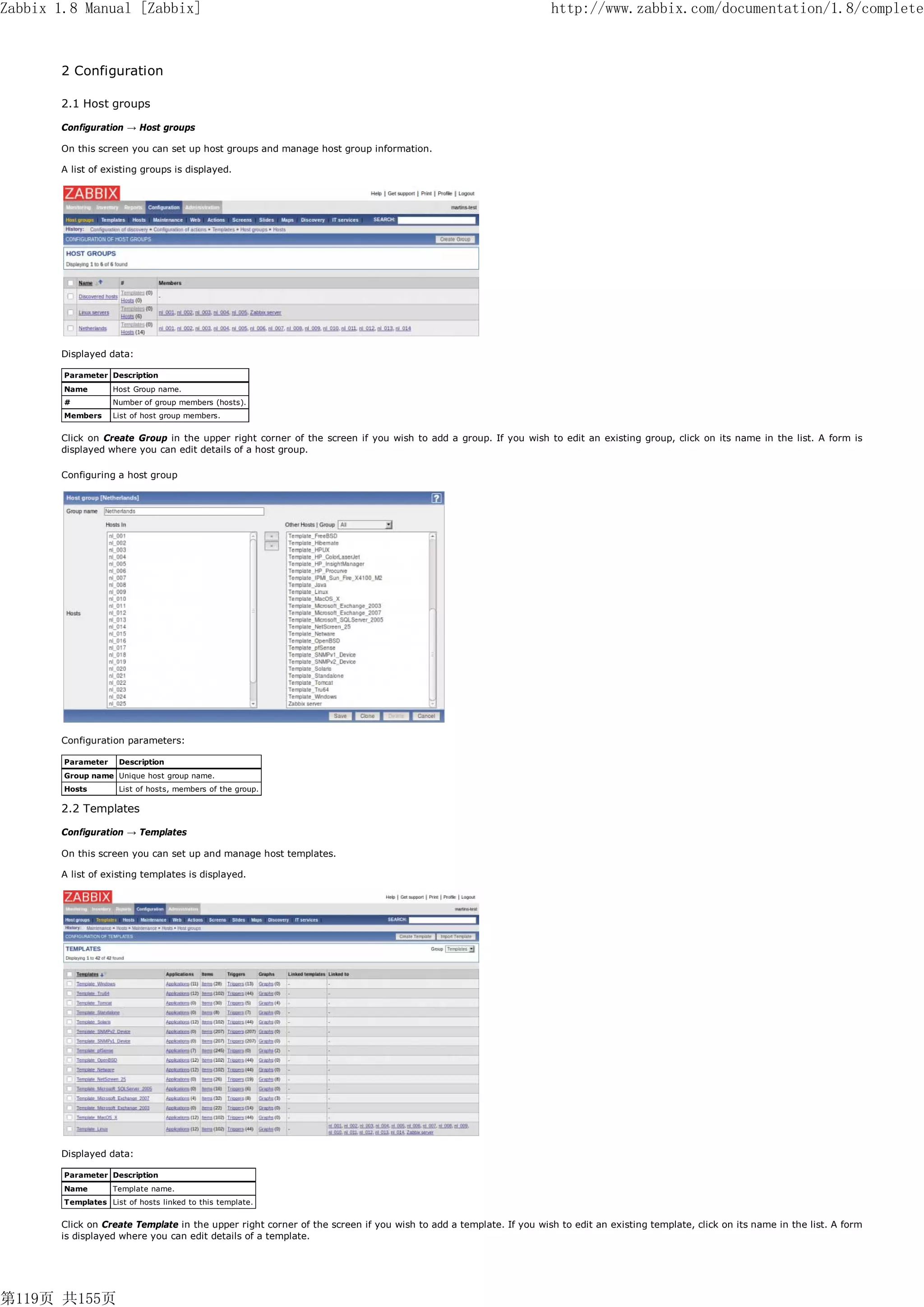 Zabbix 1.8 Manual [Zabbix]                                                                                       http://www.zabbix.com/documentation/1.8/complete


       2 Configuration

       2.1 Host groups

       Configuration → Host groups

       On this screen you can set up host groups and manage host group information.

       A list of existing groups is displayed.




       Displayed data:

        Parameter Description
        Name        Host Group name.
        #           Number of group members (hosts).
        Members     List of host group members.


       Click on Create Group in the upper right corner of the screen if you wish to add a group. If you wish to edit an existing group, click on its name in the list. A form is
       displayed where you can edit details of a host group.

       Configuring a host group




       Configuration parameters:

        Parameter    Description
        Group name Unique host group name.
        Hosts        List of hosts, members of the group.

       2.2 Templates

       Configuration → Templates

       On this screen you can set up and manage host templates.

       A list of existing templates is displayed.




       Displayed data:

        Parameter Description
        Name        Template name.
        Templates List of hosts linked to this template.


       Click on Create Template in the upper right corner of the screen if you wish to add a template. If you wish to edit an existing template, click on its name in the list. A form
       is displayed where you can edit details of a template.




第119页 共155页
 
