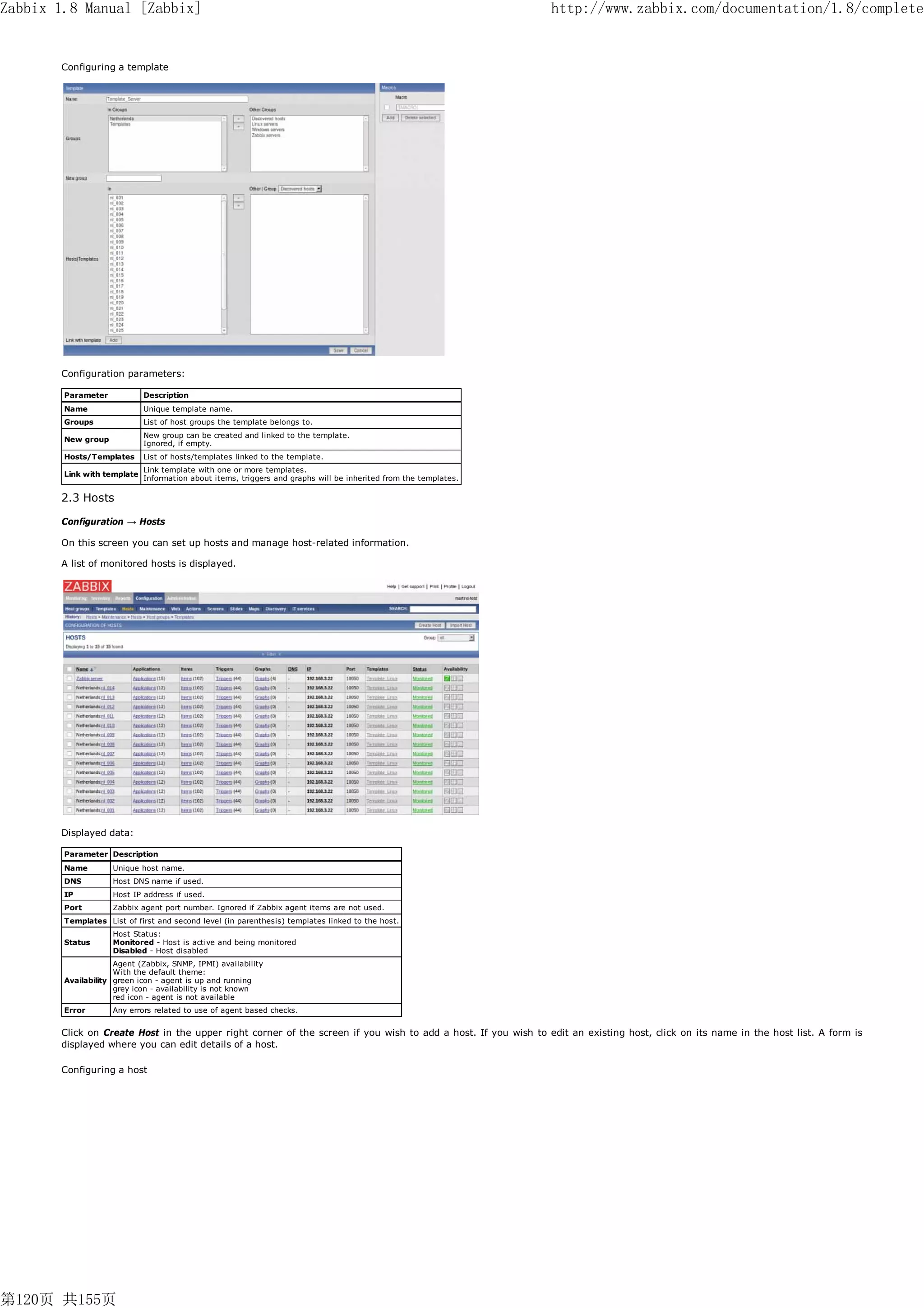 Zabbix 1.8 Manual [Zabbix]                                                                                        http://www.zabbix.com/documentation/1.8/complete


       Configuring a template




       Configuration parameters:

        Parameter            Description
        Name                 Unique template name.
        Groups               List of host groups the template belongs to.
                             New group can be created and linked to the template.
        New group
                             Ignored, if empty.
        Hosts/Templates      List of hosts/templates linked to the template.
                             Link template with one or more templates.
        Link with template
                             Information about items, triggers and graphs will be inherited from the templates.

       2.3 Hosts

       Configuration → Hosts

       On this screen you can set up hosts and manage host-related information.

       A list of monitored hosts is displayed.




       Displayed data:

        Parameter Description
        Name        Unique host name.
        DNS         Host DNS name if used.
        IP          Host IP address if used.
        Port        Zabbix agent port number. Ignored if Zabbix agent items are not used.
        Templates List of first and second level (in parenthesis) templates linked to the host.
                    Host Status:
        Status      Monitored - Host is active and being monitored
                    Disabled - Host disabled
                     Agent (Zabbix, SNMP, IPMI) availability
                     With the default theme:
        Availability green icon - agent is up and running
                     grey icon - availability is not known
                     red icon - agent is not available
        Error       Any errors related to use of agent based checks.


       Click on Create Host in the upper right corner of the screen if you wish to add a host. If you wish to edit an existing host, click on its name in the host list. A form is
       displayed where you can edit details of a host.

       Configuring a host




第120页 共155页
 