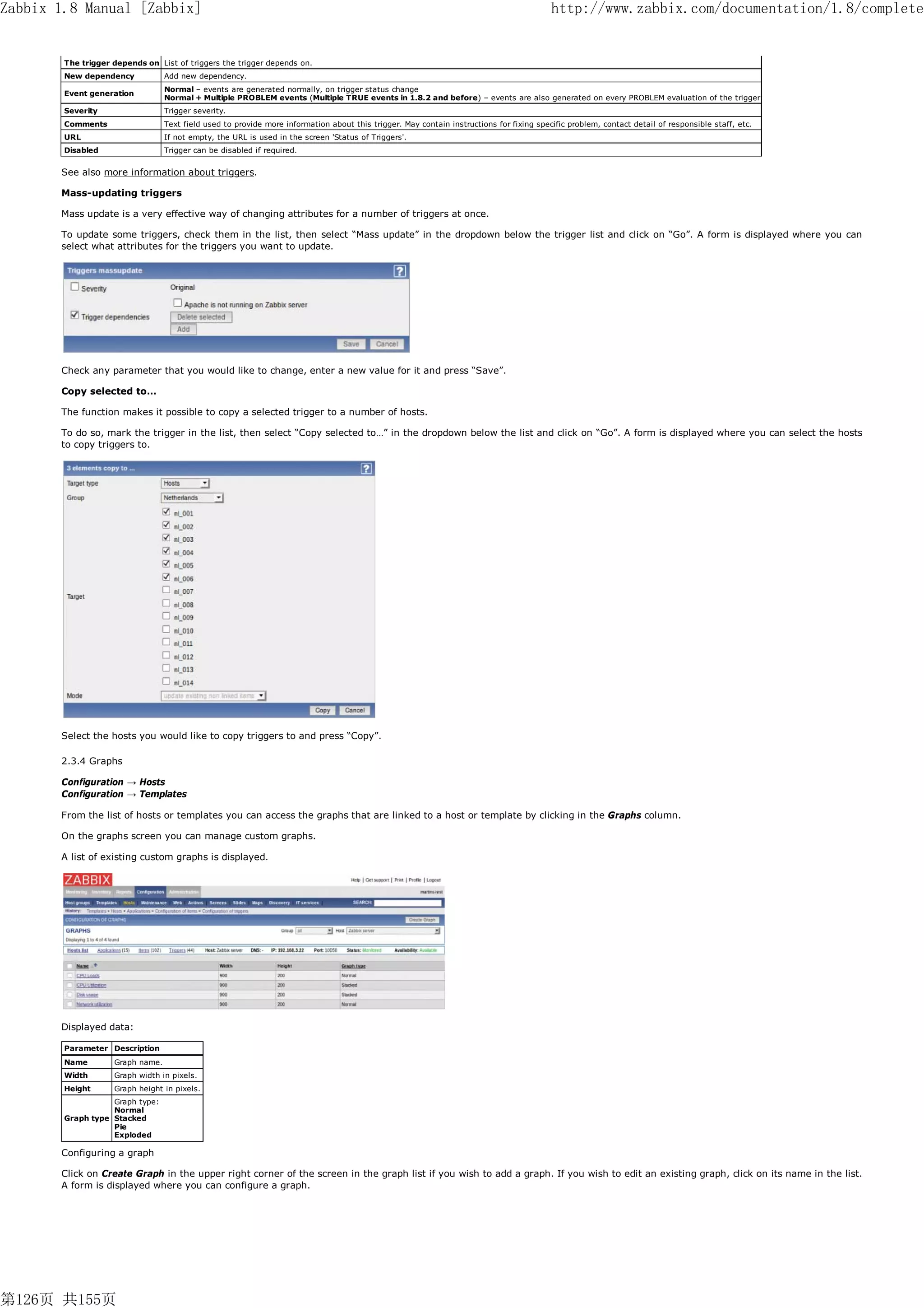 Zabbix 1.8 Manual [Zabbix]                                                                                                                http://www.zabbix.com/documentation/1.8/complete


        The trigger depends on List of triggers the trigger depends on.
        New dependency            Add new dependency.
                                  Normal – events are generated normally, on trigger status change
        Event generation
                                  Normal + Multiple PROBLEM events (Multiple TRUE events in 1.8.2 and before) – events are also generated on every PROBLEM evaluation of the trigger
        Severity                  Trigger severity.
        Comments                  Text field used to provide more information about this trigger. May contain instructions for fixing specific problem, contact detail of responsible staff, etc.
        URL                       If not empty, the URL is used in the screen 'Status of Triggers'.
        Disabled                  Trigger can be disabled if required.


       See also more information about triggers.

       Mass-updating triggers

       Mass update is a very effective way of changing attributes for a number of triggers at once.

       To update some triggers, check them in the list, then select “Mass update” in the dropdown below the trigger list and click on “Go”. A form is displayed where you can
       select what attributes for the triggers you want to update.




       Check any parameter that you would like to change, enter a new value for it and press “Save”.

       Copy selected to…

       The function makes it possible to copy a selected trigger to a number of hosts.

       To do so, mark the trigger in the list, then select “Copy selected to…” in the dropdown below the list and click on “Go”. A form is displayed where you can select the hosts
       to copy triggers to.




       Select the hosts you would like to copy triggers to and press “Copy”.

       2.3.4 Graphs

       Configuration → Hosts
       Configuration → Templates

       From the list of hosts or templates you can access the graphs that are linked to a host or template by clicking in the Graphs column.

       On the graphs screen you can manage custom graphs.

       A list of existing custom graphs is displayed.




       Displayed data:

        Parameter Description
        Name        Graph name.
        Width       Graph width in pixels.
        Height      Graph height in pixels.
                   Graph type:
                   Normal
        Graph type Stacked
                   Pie
                   Exploded

       Configuring a graph

       Click on Create Graph in the upper right corner of the screen in the graph list if you wish to add a graph. If you wish to edit an existing graph, click on its name in the list.
       A form is displayed where you can configure a graph.




第126页 共155页
 