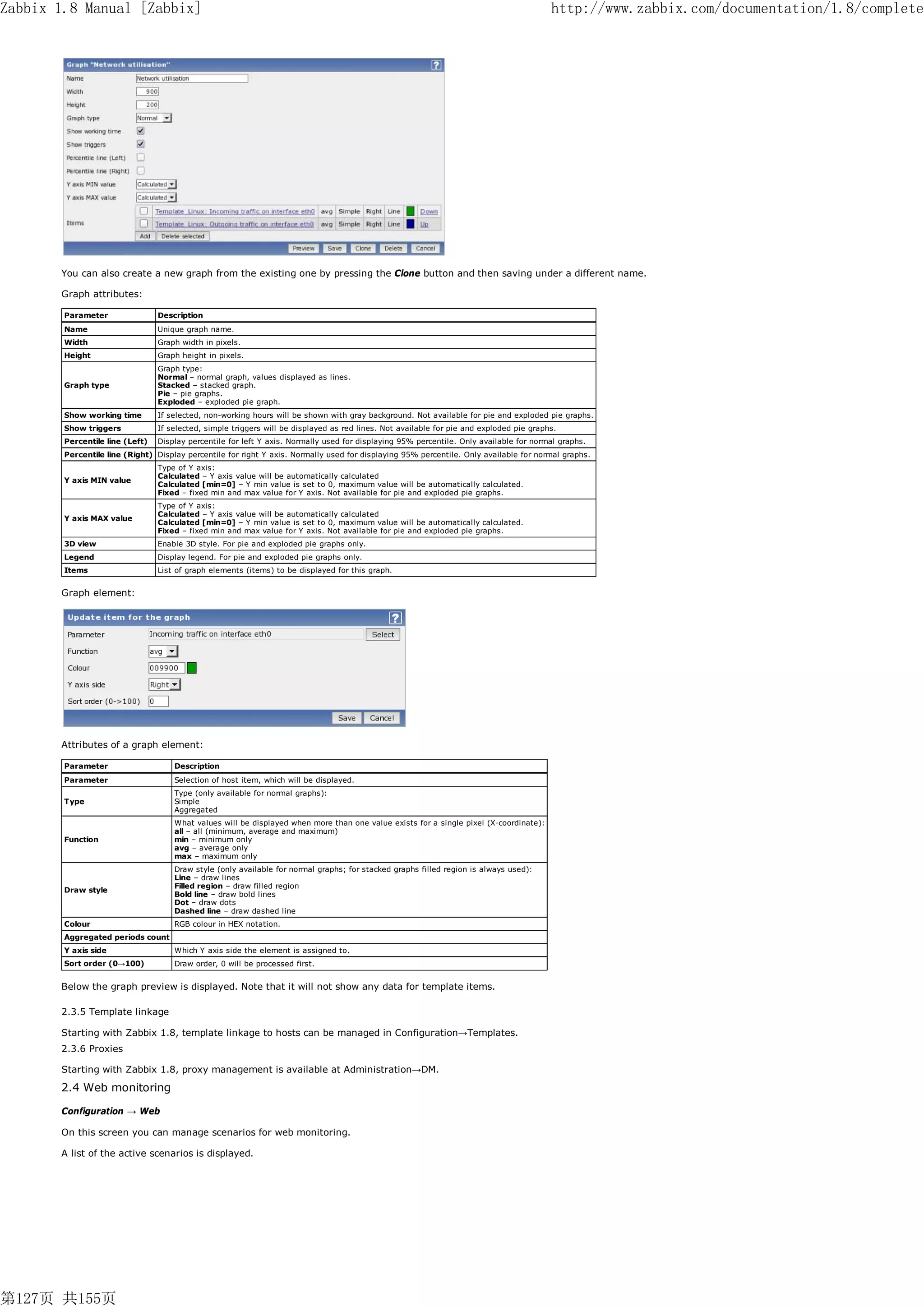 Zabbix 1.8 Manual [Zabbix]                                                                                                                http://www.zabbix.com/documentation/1.8/complete




       You can also create a new graph from the existing one by pressing the Clone button and then saving under a different name.

       Graph attributes:

        Parameter                Description
        Name                     Unique graph name.
        Width                    Graph width in pixels.
        Height                   Graph height in pixels.
                                 Graph type:
                                 Normal – normal graph, values displayed as lines.
        Graph type               Stacked – stacked graph.
                                 Pie – pie graphs.
                                 Exploded – exploded pie graph.
        Show working time        If selected, non-working hours will be shown with gray background. Not available for pie and exploded pie graphs.
        Show triggers            If selected, simple triggers will be displayed as red lines. Not available for pie and exploded pie graphs.
        Percentile line (Left)   Display percentile for left Y axis. Normally used for displaying 95% percentile. Only available for normal graphs.
        Percentile line (Right) Display percentile for right Y axis. Normally used for displaying 95% percentile. Only available for normal graphs.
                                 Type of Y axis:
                                 Calculated – Y axis value will be automatically calculated
        Y axis MIN value
                                 Calculated [min=0] – Y min value is set to 0, maximum value will be automatically calculated.
                                 Fixed – fixed min and max value for Y axis. Not available for pie and exploded pie graphs.
                                 Type of Y axis:
                                 Calculated – Y axis value will be automatically calculated
        Y axis MAX value
                                 Calculated [min=0] – Y min value is set to 0, maximum value will be automatically calculated.
                                 Fixed – fixed min and max value for Y axis. Not available for pie and exploded pie graphs.
        3D view                  Enable 3D style. For pie and exploded pie graphs only.
        Legend                   Display legend. For pie and exploded pie graphs only.
        Items                    List of graph elements (items) to be displayed for this graph.


       Graph element:




       Attributes of a graph element:

        Parameter                    Description
        Parameter                    Selection of host item, which will be displayed.
                                     Type (only available for normal graphs):
        Type                         Simple
                                     Aggregated
                                     What values will be displayed when more than one value exists for a single pixel (X-coordinate):
                                     all – all (minimum, average and maximum)
        Function                     min – minimum only
                                     avg – average only
                                     max – maximum only
                                     Draw style (only available for normal graphs; for stacked graphs filled region is always used):
                                     Line – draw lines
                                     Filled region – draw filled region
        Draw style
                                     Bold line – draw bold lines
                                     Dot – draw dots
                                     Dashed line – draw dashed line
        Colour                       RGB colour in HEX notation.
        Aggregated periods count
        Y axis side                  Which Y axis side the element is assigned to.
        Sort order (0→100)           Draw order, 0 will be processed first.


       Below the graph preview is displayed. Note that it will not show any data for template items.

       2.3.5 Template linkage

       Starting with Zabbix 1.8, template linkage to hosts can be managed in Configuration→Templates.
       2.3.6 Proxies

       Starting with Zabbix 1.8, proxy management is available at Administration→DM.

       2.4 Web monitoring

       Configuration → Web

       On this screen you can manage scenarios for web monitoring.

       A list of the active scenarios is displayed.




第127页 共155页
 