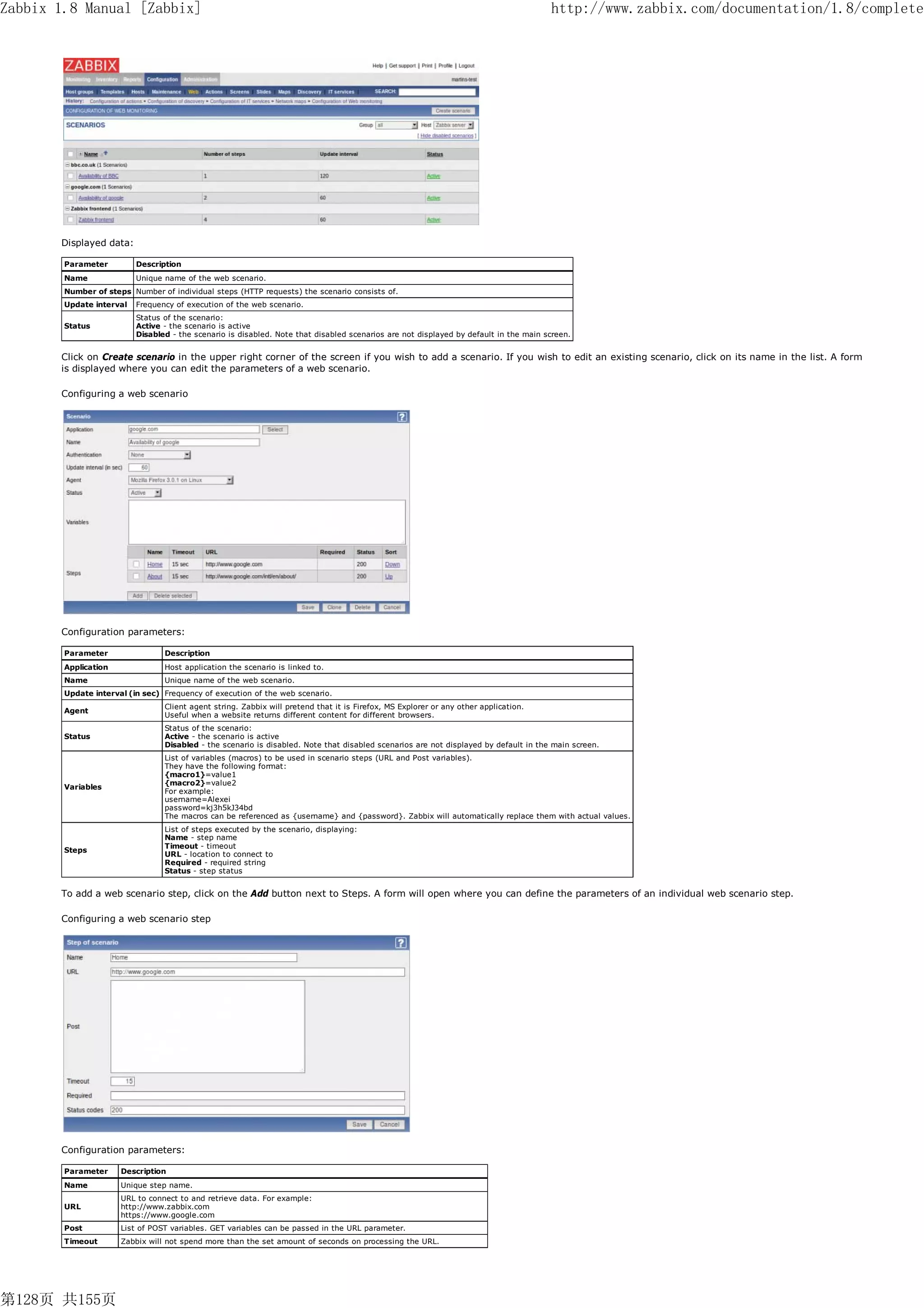 Zabbix 1.8 Manual [Zabbix]                                                                                                            http://www.zabbix.com/documentation/1.8/complete




       Displayed data:

        Parameter         Description
        Name              Unique name of the web scenario.
        Number of steps Number of individual steps (HTTP requests) the scenario consists of.
        Update interval   Frequency of execution of the web scenario.
                          Status of the scenario:
        Status            Active - the scenario is active
                          Disabled - the scenario is disabled. Note that disabled scenarios are not displayed by default in the main screen.


       Click on Create scenario in the upper right corner of the screen if you wish to add a scenario. If you wish to edit an existing scenario, click on its name in the list. A form
       is displayed where you can edit the parameters of a web scenario.

       Configuring a web scenario




       Configuration parameters:

        Parameter                Description
        Application              Host application the scenario is linked to.
        Name                     Unique name of the web scenario.
        Update interval (in sec) Frequency of execution of the web scenario.
                                 Client agent string. Zabbix will pretend that it is Firefox, MS Explorer or any other application.
        Agent
                                 Useful when a website returns different content for different browsers.
                                 Status of the scenario:
        Status                   Active - the scenario is active
                                 Disabled - the scenario is disabled. Note that disabled scenarios are not displayed by default in the main screen.
                                 List of variables (macros) to be used in scenario steps (URL and Post variables).
                                 They have the following format:
                                 {macro1}=value1
                                 {macro2}=value2
        Variables
                                 For example:
                                 username=Alexei
                                 password=kj3h5kJ34bd
                                 The macros can be referenced as {username} and {password}. Zabbix will automatically replace them with actual values.
                                 List of steps executed by the scenario, displaying:
                                 Name - step name
                                 Timeout - timeout
        Steps
                                 URL - location to connect to
                                 Required - required string
                                 Status - step status


       To add a web scenario step, click on the Add button next to Steps. A form will open where you can define the parameters of an individual web scenario step.

       Configuring a web scenario step




       Configuration parameters:

        Parameter     Description
        Name          Unique step name.
                      URL to connect to and retrieve data. For example:
        URL           http://www.zabbix.com
                      https://www.google.com
        Post          List of POST variables. GET variables can be passed in the URL parameter.
        Timeout       Zabbix will not spend more than the set amount of seconds on processing the URL.




第128页 共155页
 