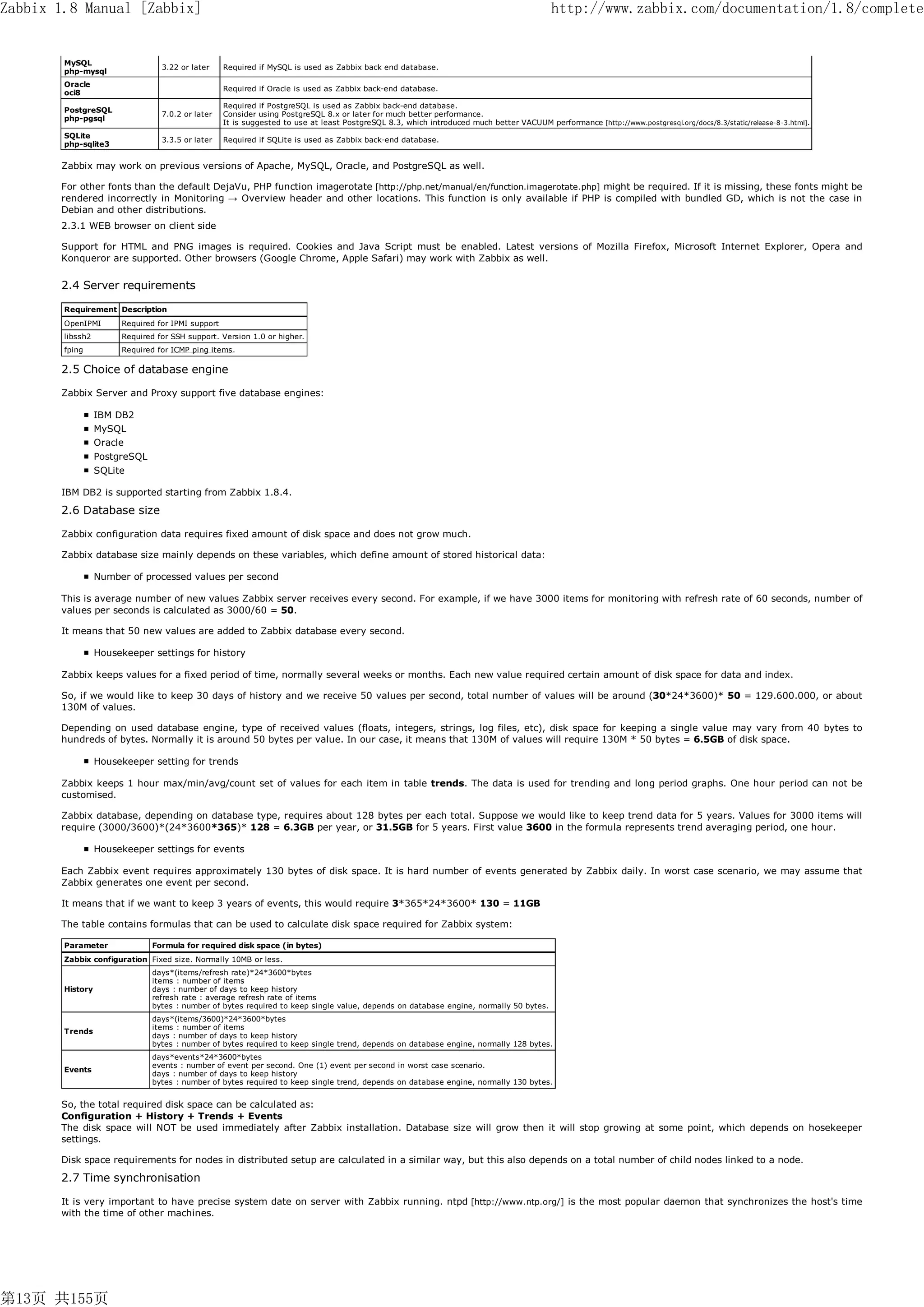Zabbix 1.8 Manual [Zabbix]                                                                                                                http://www.zabbix.com/documentation/1.8/complete


        MySQL
                                 3.22 or later     Required if MySQL is used as Zabbix back end database.
        php-mysql
        Oracle
                                                   Required if Oracle is used as Zabbix back-end database.
        oci8
                                                   Required if PostgreSQL is used as Zabbix back-end database.
        PostgreSQL
                                 7.0.2 or later    Consider using PostgreSQL 8.x or later for much better performance.
        php-pgsql
                                                   It is suggested to use at least PostgreSQL 8.3, which introduced much better VACUUM performance [http://www.postgresql.org/docs/8.3/static/release-8-3.html].
        SQLite
                                 3.3.5 or later    Required if SQLite is used as Zabbix back-end database.
        php-sqlite3


       Zabbix may work on previous versions of Apache, MySQL, Oracle, and PostgreSQL as well.

       For other fonts than the default DejaVu, PHP function imagerotate [http://php.net/manual/en/function.imagerotate.php] might be required. If it is missing, these fonts might be
       rendered incorrectly in Monitoring → Overview header and other locations. This function is only available if PHP is compiled with bundled GD, which is not the case in
       Debian and other distributions.
       2.3.1 WEB browser on client side

       Support for HTML and PNG images is required. Cookies and Java Script must be enabled. Latest versions of Mozilla Firefox, Microsoft Internet Explorer, Opera and
       Konqueror are supported. Other browsers (Google Chrome, Apple Safari) may work with Zabbix as well.


       2.4 Server requirements

        Requirement Description
        OpenIPMI       Required for IPMI support
        libssh2        Required for SSH support. Version 1.0 or higher.
        fping          Required for ICMP ping items.

       2.5 Choice of database engine

       Zabbix Server and Proxy support five database engines:

                  IBM DB2
                  MySQL
                  Oracle
                  PostgreSQL
                  SQLite

       IBM DB2 is supported starting from Zabbix 1.8.4.

       2.6 Database size

       Zabbix configuration data requires fixed amount of disk space and does not grow much.

       Zabbix database size mainly depends on these variables, which define amount of stored historical data:

                  Number of processed values per second

       This is average number of new values Zabbix server receives every second. For example, if we have 3000 items for monitoring with refresh rate of 60 seconds, number of
       values per seconds is calculated as 3000/60 = 50.

       It means that 50 new values are added to Zabbix database every second.

                  Housekeeper settings for history

       Zabbix keeps values for a fixed period of time, normally several weeks or months. Each new value required certain amount of disk space for data and index.

       So, if we would like to keep 30 days of history and we receive 50 values per second, total number of values will be around (30*24*3600)* 50 = 129.600.000, or about
       130M of values.

       Depending on used database engine, type of received values (floats, integers, strings, log files, etc), disk space for keeping a single value may vary from 40 bytes to
       hundreds of bytes. Normally it is around 50 bytes per value. In our case, it means that 130M of values will require 130M * 50 bytes = 6.5GB of disk space.

                  Housekeeper setting for trends

       Zabbix keeps 1 hour max/min/avg/count set of values for each item in table trends. The data is used for trending and long period graphs. One hour period can not be
       customised.

       Zabbix database, depending on database type, requires about 128 bytes per each total. Suppose we would like to keep trend data for 5 years. Values for 3000 items will
       require (3000/3600)*(24*3600*365)* 128 = 6.3GB per year, or 31.5GB for 5 years. First value 3600 in the formula represents trend averaging period, one hour.

                  Housekeeper settings for events

       Each Zabbix event requires approximately 130 bytes of disk space. It is hard number of events generated by Zabbix daily. In worst case scenario, we may assume that
       Zabbix generates one event per second.

       It means that if we want to keep 3 years of events, this would require 3*365*24*3600* 130 = 11GB

       The table contains formulas that can be used to calculate disk space required for Zabbix system:

        Parameter              Formula for required disk space (in bytes)
        Zabbix configuration Fixed size. Normally 10MB or less.
                               days*(items/refresh rate)*24*3600*bytes
                               items : number of items
        History                days : number of days to keep history
                               refresh rate : average refresh rate of items
                               bytes : number of bytes required to keep single value, depends on database engine, normally 50 bytes.
                               days*(items/3600)*24*3600*bytes
                               items : number of items
        Trends
                               days : number of days to keep history
                               bytes : number of bytes required to keep single trend, depends on database engine, normally 128 bytes.
                               days*events*24*3600*bytes
                               events : number of event per second. One (1) event per second in worst case scenario.
        Events
                               days : number of days to keep history
                               bytes : number of bytes required to keep single trend, depends on database engine, normally 130 bytes.


       So, the total required disk space can be calculated as:
       Configuration + History + Trends + Events
       The disk space will NOT be used immediately after Zabbix installation. Database size will grow then it will stop growing at some point, which depends on hosekeeper
       settings.

       Disk space requirements for nodes in distributed setup are calculated in a similar way, but this also depends on a total number of child nodes linked to a node.

       2.7 Time synchronisation

       It is very important to have precise system date on server with Zabbix running. ntpd [http://www.ntp.org/] is the most popular daemon that synchronizes the host's time
       with the time of other machines.




第13页 共155页
 
