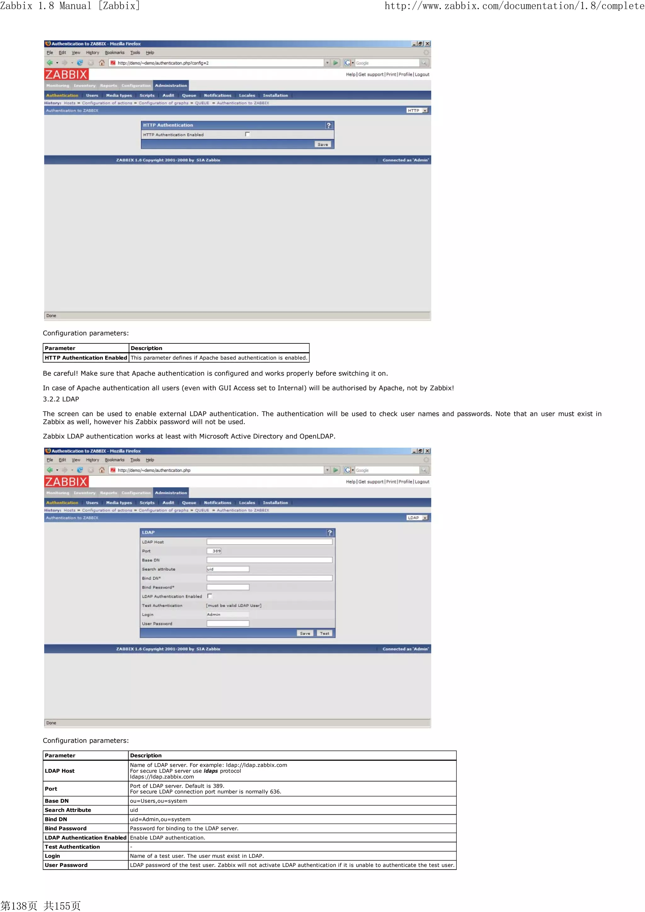 Zabbix 1.8 Manual [Zabbix]                                                                                                            http://www.zabbix.com/documentation/1.8/complete




       Configuration parameters:

        Parameter                     Description
        HTTP Authentication Enabled This parameter defines if Apache based authentication is enabled.


       Be careful! Make sure that Apache authentication is configured and works properly before switching it on.

       In case of Apache authentication all users (even with GUI Access set to Internal) will be authorised by Apache, not by Zabbix!
       3.2.2 LDAP

       The screen can be used to enable external LDAP authentication. The authentication will be used to check user names and passwords. Note that an user must exist in
       Zabbix as well, however his Zabbix password will not be used.

       Zabbix LDAP authentication works at least with Microsoft Active Directory and OpenLDAP.




       Configuration parameters:

        Parameter                     Description
                                      Name of LDAP server. For example: ldap://ldap.zabbix.com
        LDAP Host                     For secure LDAP server use ldaps protocol
                                      ldaps://ldap.zabbix.com
                                      Port of LDAP server. Default is 389.
        Port
                                      For secure LDAP connection port number is normally 636.
        Base DN                       ou=Users,ou=system
        Search Attribute              uid
        Bind DN                       uid=Admin,ou=system
        Bind Password                 Password for binding to the LDAP server.
        LDAP Authentication Enabled Enable LDAP authentication.
        Test Authentication           -
        Login                         Name of a test user. The user must exist in LDAP.
        User Password                 LDAP password of the test user. Zabbix will not activate LDAP authentication if it is unable to authenticate the test user.




第138页 共155页
 
