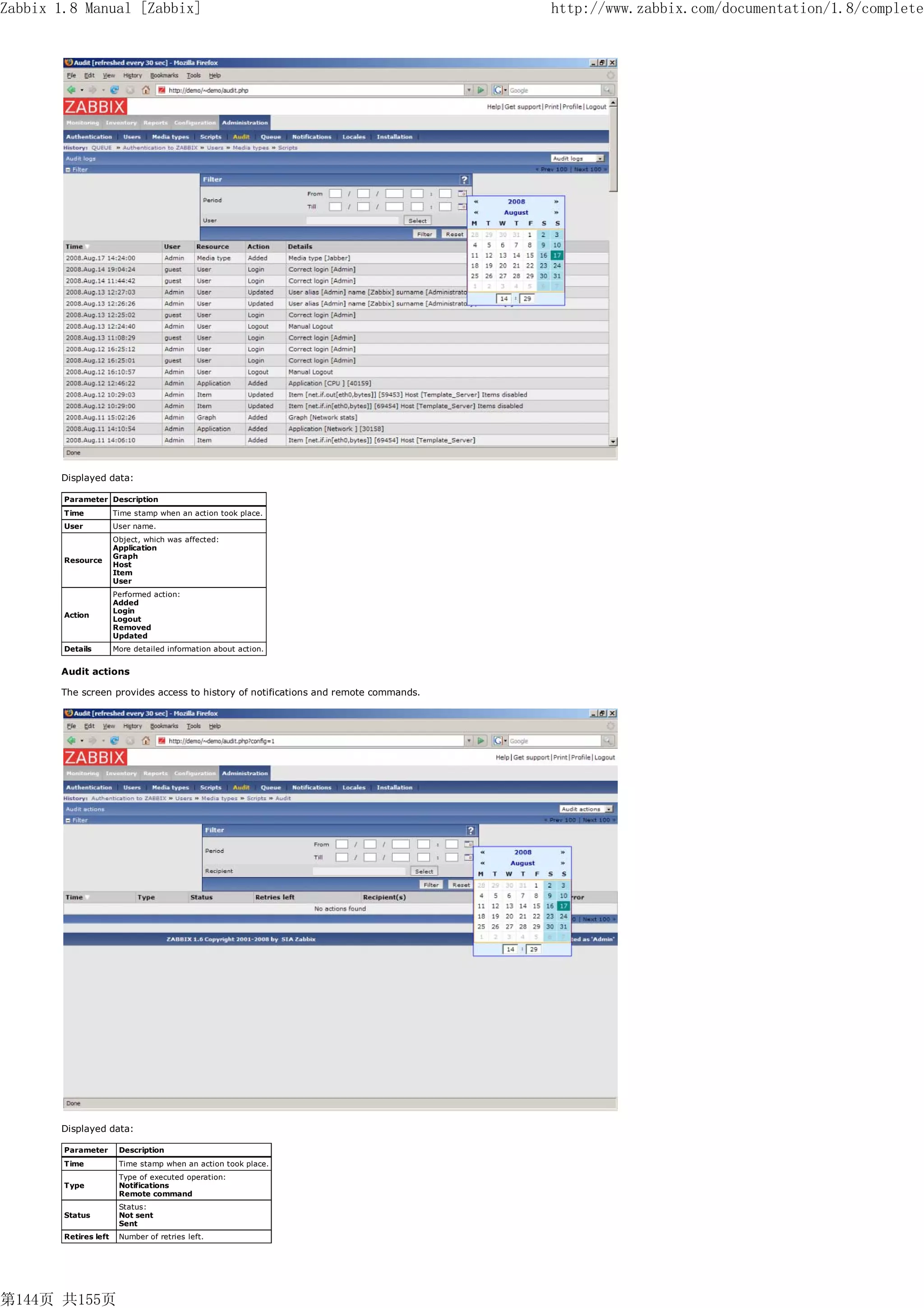 Zabbix 1.8 Manual [Zabbix]                                                           http://www.zabbix.com/documentation/1.8/complete




       Displayed data:

        Parameter Description
        Time           Time stamp when an action took place.
        User           User name.
                       Object, which was affected:
                       Application
                       Graph
        Resource
                       Host
                       Item
                       User
                       Performed action:
                       Added
                       Login
        Action
                       Logout
                       Removed
                       Updated
        Details        More detailed information about action.


       Audit actions

       The screen provides access to history of notifications and remote commands.




       Displayed data:

        Parameter       Description
        Time            Time stamp when an action took place.
                        Type of executed operation:
        Type            Notifications
                        Remote command
                        Status:
        Status          Not sent
                        Sent
        Retires left    Number of retries left.




第144页 共155页
 