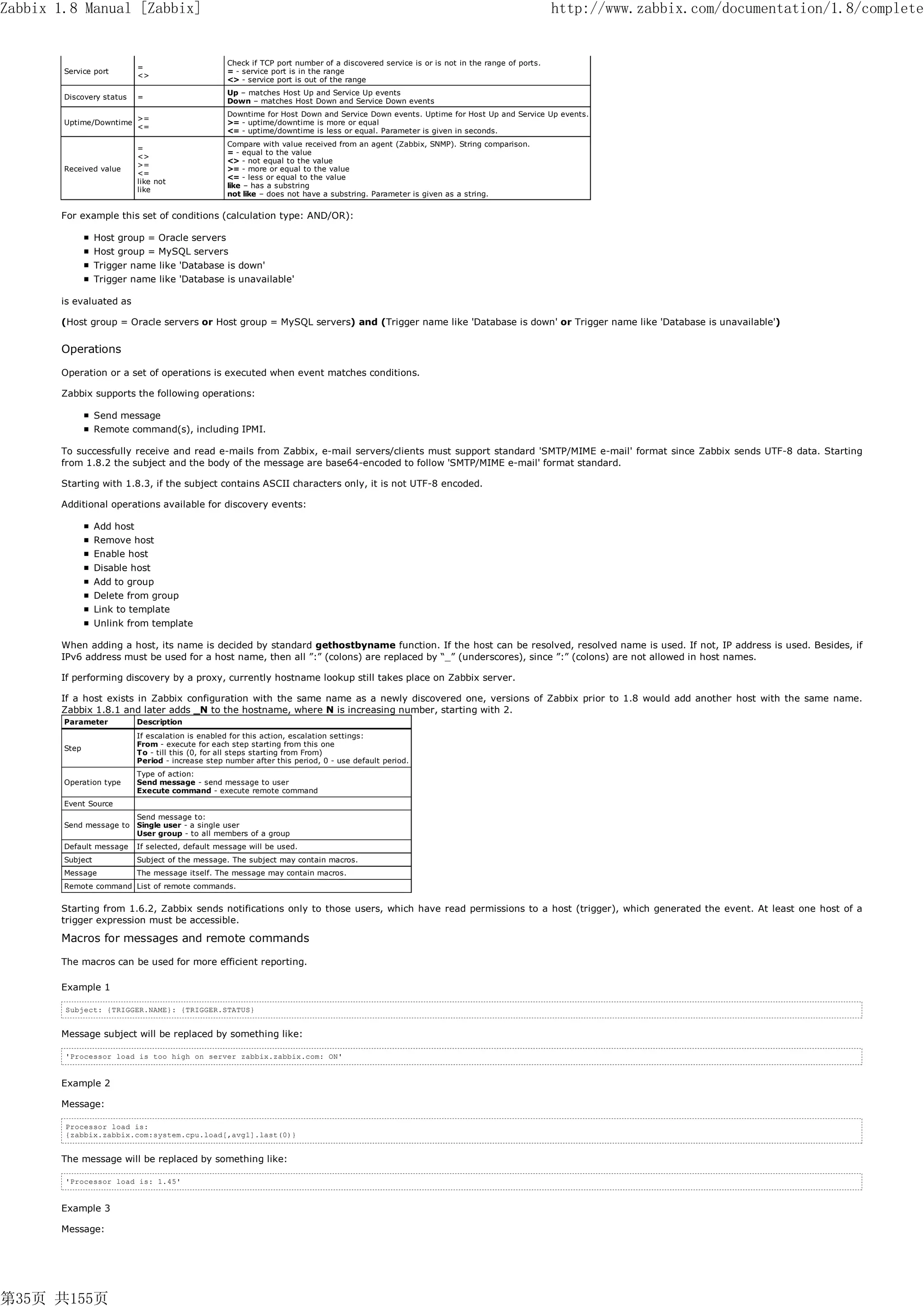 Zabbix 1.8 Manual [Zabbix]                                                                                                                 http://www.zabbix.com/documentation/1.8/complete


                                                    Check if TCP port number of a discovered service is or is not in the range of ports.
                             =
        Service port                                = - service port is in the range
                             <>
                                                    <> - service port is out of the range
                                                    Up – matches Host Up and Service Up events
        Discovery status     =
                                                    Down – matches Host Down and Service Down events
                                                    Downtime for Host Down and Service Down events. Uptime for Host Up and Service Up events.
                             >=
        Uptime/Downtime                             >= - uptime/downtime is more or equal
                             <=
                                                    <= - uptime/downtime is less or equal. Parameter is given in seconds.
                                                    Compare with value received from an agent (Zabbix, SNMP). String comparison.
                             =
                                                    = - equal to the value
                             <>
                                                    <> - not equal to the value
                             >=
        Received value                              >= - more or equal to the value
                             <=
                                                    <= - less or equal to the value
                             like not
                                                    like – has a substring
                             like
                                                    not like – does not have a substring. Parameter is given as a string.


       For example this set of conditions (calculation type: AND/OR):

                  Host group = Oracle servers
                  Host group = MySQL servers
                  Trigger name like 'Database is down'
                  Trigger name like 'Database is unavailable'

       is evaluated as

       (Host group = Oracle servers or Host group = MySQL servers) and (Trigger name like 'Database is down' or Trigger name like 'Database is unavailable')


       Operations

       Operation or a set of operations is executed when event matches conditions.

       Zabbix supports the following operations:

                  Send message
                  Remote command(s), including IPMI.

       To successfully receive and read e-mails from Zabbix, e-mail servers/clients must support standard 'SMTP/MIME e-mail' format since Zabbix sends UTF-8 data. Starting
       from 1.8.2 the subject and the body of the message are base64-encoded to follow 'SMTP/MIME e-mail' format standard.

       Starting with 1.8.3, if the subject contains ASCII characters only, it is not UTF-8 encoded.

       Additional operations available for discovery events:

                  Add host
                  Remove host
                  Enable host
                  Disable host
                  Add to group
                  Delete from group
                  Link to template
                  Unlink from template

       When adding a host, its name is decided by standard gethostbyname function. If the host can be resolved, resolved name is used. If not, IP address is used. Besides, if
       IPv6 address must be used for a host name, then all ”:” (colons) are replaced by “_” (underscores), since ”:” (colons) are not allowed in host names.

       If performing discovery by a proxy, currently hostname lookup still takes place on Zabbix server.

       If a host exists in Zabbix configuration with the same name as a newly discovered one, versions of Zabbix prior to 1.8 would add another host with the same name.
       Zabbix 1.8.1 and later adds _N to the hostname, where N is increasing number, starting with 2.
        Parameter            Description
                             If escalation is enabled for this action, escalation settings:
                             From - execute for each step starting from this one
        Step
                             To - till this (0, for all steps starting from From)
                             Period - increase step number after this period, 0 - use default period.
                             Type of action:
        Operation type       Send message - send message to user
                             Execute command - execute remote command
        Event Source
                        Send message to:
        Send message to Single user - a single user
                        User group - to all members of a group
        Default message      If selected, default message will be used.
        Subject              Subject of the message. The subject may contain macros.
        Message              The message itself. The message may contain macros.
        Remote command List of remote commands.


       Starting from 1.6.2, Zabbix sends notifications only to those users, which have read permissions to a host (trigger), which generated the event. At least one host of a
       trigger expression must be accessible.

       Macros for messages and remote commands

       The macros can be used for more efficient reporting.

       Example 1

        Subject: {TRIGGER.NAME}: {TRIGGER.STATUS}


       Message subject will be replaced by something like:

        'Processor load is too high on server zabbix.zabbix.com: ON'


       Example 2

       Message:

        Processor load is:
        {zabbix.zabbix.com:system.cpu.load[,avg1].last(0)}


       The message will be replaced by something like:

        'Processor load is: 1.45'


       Example 3

       Message:




第35页 共155页
 
