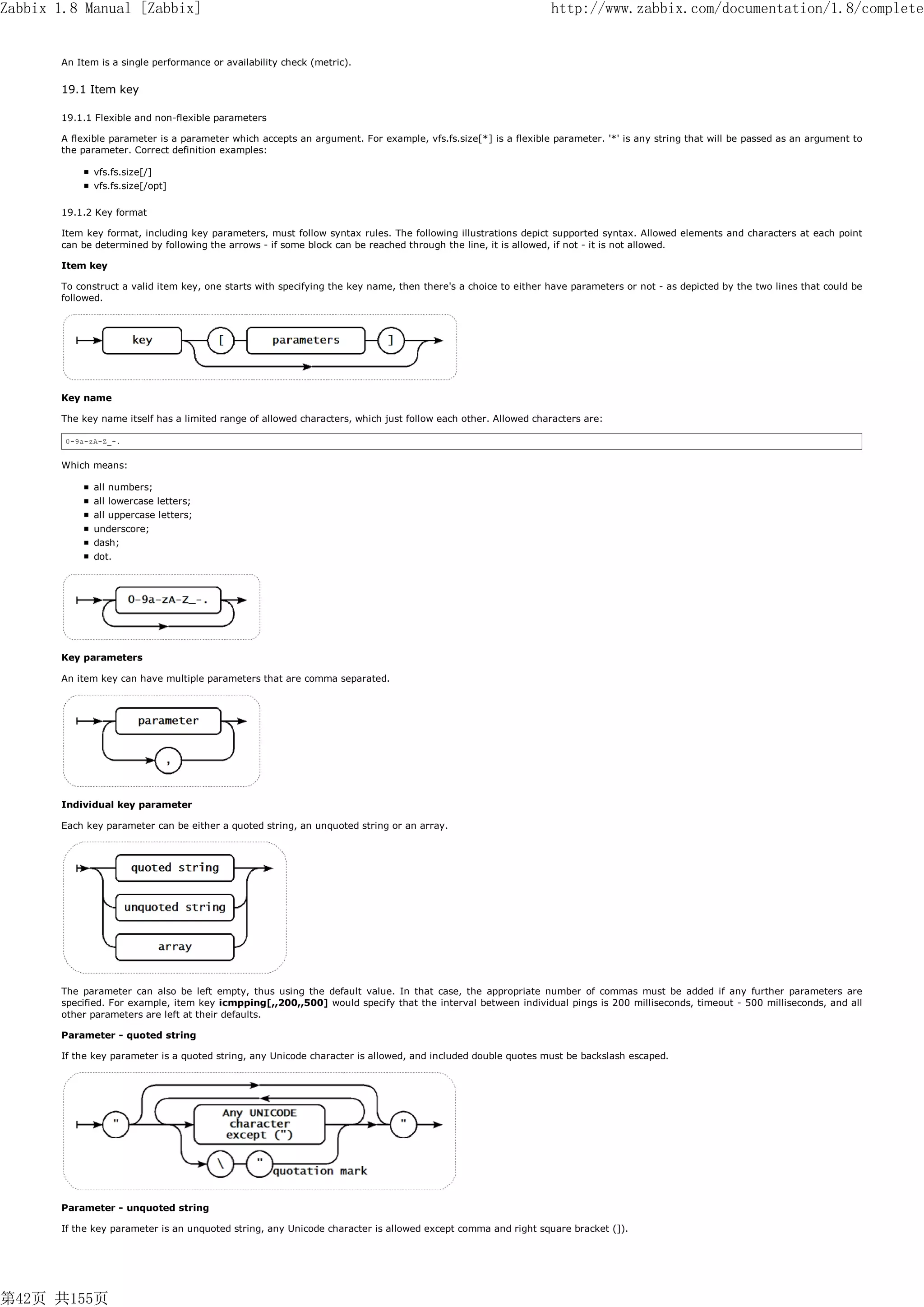 Zabbix 1.8 Manual [Zabbix]                                                                                     http://www.zabbix.com/documentation/1.8/complete


       An Item is a single performance or availability check (metric).


       19.1 Item key

       19.1.1 Flexible and non-flexible parameters

       A flexible parameter is a parameter which accepts an argument. For example, vfs.fs.size[*] is a flexible parameter. '*' is any string that will be passed as an argument to
       the parameter. Correct definition examples:

              vfs.fs.size[/]
              vfs.fs.size[/opt]

       19.1.2 Key format

       Item key format, including key parameters, must follow syntax rules. The following illustrations depict supported syntax. Allowed elements and characters at each point
       can be determined by following the arrows - if some block can be reached through the line, it is allowed, if not - it is not allowed.

       Item key

       To construct a valid item key, one starts with specifying the key name, then there's a choice to either have parameters or not - as depicted by the two lines that could be
       followed.




       Key name

       The key name itself has a limited range of allowed characters, which just follow each other. Allowed characters are:

        0-9a-zA-Z_-.


       Which means:

              all numbers;
              all lowercase letters;
              all uppercase letters;
              underscore;
              dash;
              dot.




       Key parameters

       An item key can have multiple parameters that are comma separated.




       Individual key parameter

       Each key parameter can be either a quoted string, an unquoted string or an array.




       The parameter can also be left empty, thus using the default value. In that case, the appropriate number of commas must be added if any further parameters are
       specified. For example, item key icmpping[,,200,,500] would specify that the interval between individual pings is 200 milliseconds, timeout - 500 milliseconds, and all
       other parameters are left at their defaults.

       Parameter - quoted string

       If the key parameter is a quoted string, any Unicode character is allowed, and included double quotes must be backslash escaped.




       Parameter - unquoted string

       If the key parameter is an unquoted string, any Unicode character is allowed except comma and right square bracket (]).




第42页 共155页
 