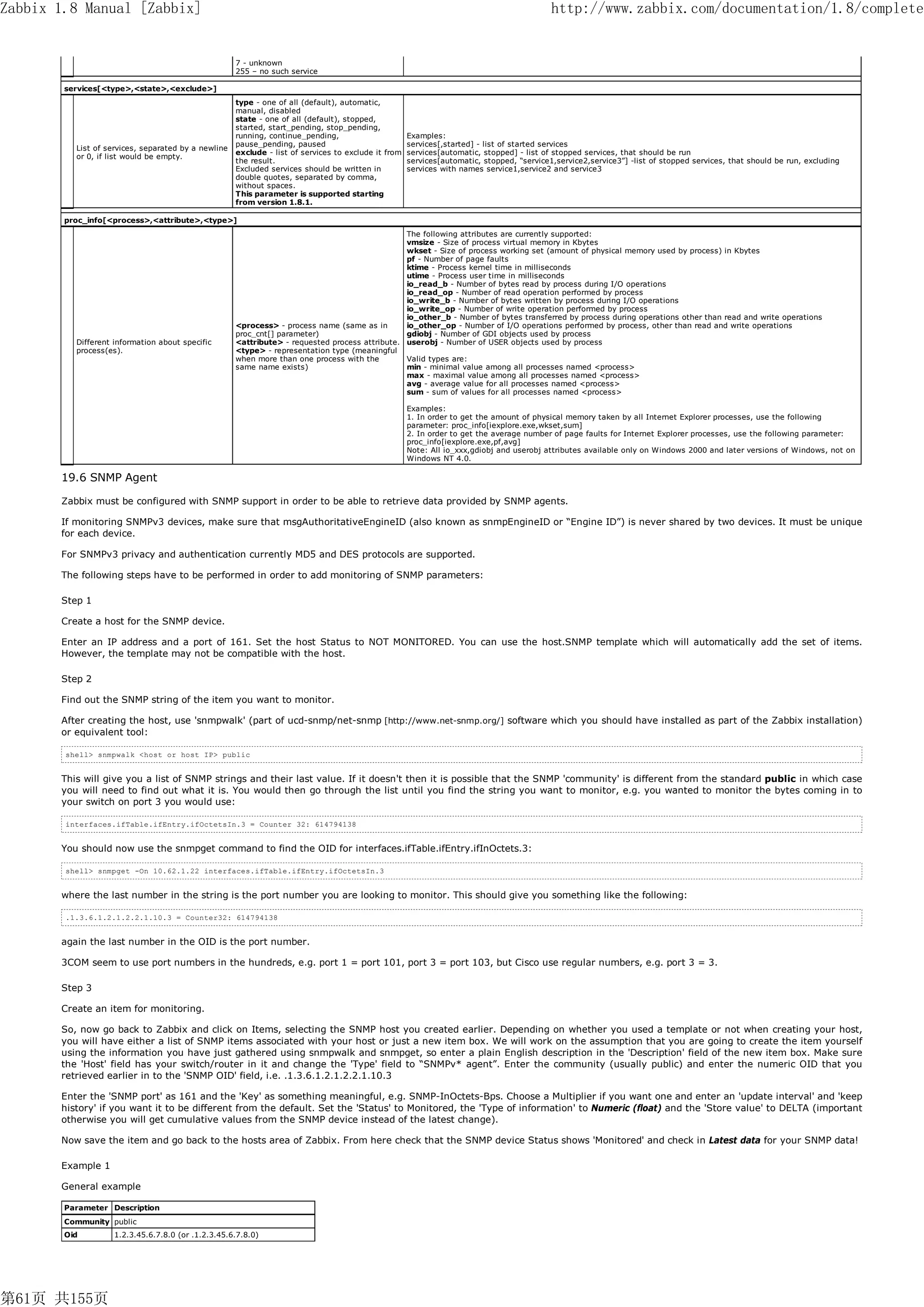 Zabbix 1.8 Manual [Zabbix]                                                                                                                 http://www.zabbix.com/documentation/1.8/complete


                                                     7 - unknown
                                                     255 – no such service

        services[<type>,<state>,<exclude>]
                                                     type - one of all (default), automatic,
                                                     manual, disabled
                                                     state - one of all (default), stopped,
                                                     started, start_pending, stop_pending,
                                                     running, continue_pending,                      Examples:
                                                     pause_pending, paused                           services[,started] - list of started services
          List of services, separated by a newline
                                                     exclude - list of services to exclude it from   services[automatic, stopped] - list of stopped services, that should be run
          or 0, if list would be empty.
                                                     the result.                                     services[automatic, stopped, “service1,service2,service3”] -list of stopped services, that should be run, excluding
                                                     Excluded services should be written in          services with names service1,service2 and service3
                                                     double quotes, separated by comma,
                                                     without spaces.
                                                     This parameter is supported starting
                                                     from version 1.8.1.

        proc_info[<process>,<attribute>,<type>]
                                                                                                The following attributes are currently supported:
                                                                                                vmsize - Size of process virtual memory in Kbytes
                                                                                                wkset - Size of process working set (amount of physical memory used by process) in Kbytes
                                                                                                pf - Number of page faults
                                                                                                ktime - Process kernel time in milliseconds
                                                                                                utime - Process user time in milliseconds
                                                                                                io_read_b - Number of bytes read by process during I/O operations
                                                                                                io_read_op - Number of read operation performed by process
                                                                                                io_write_b - Number of bytes written by process during I/O operations
                                                                                                io_write_op - Number of write operation performed by process
                                                                                                io_other_b - Number of bytes transferred by process during operations other than read and write operations
                                                     <process> - process name (same as in       io_other_op - Number of I/O operations performed by process, other than read and write operations
                                                     proc_cnt[] parameter)                      gdiobj - Number of GDI objects used by process
          Different information about specific       <attribute> - requested process attribute. userobj - Number of USER objects used by process
          process(es).                               <type> - representation type (meaningful
                                                     when more than one process with the        Valid types are:
                                                     same name exists)                          min - minimal value among all processes named <process>
                                                                                                max - maximal value among all processes named <process>
                                                                                                avg - average value for all processes named <process>
                                                                                                sum - sum of values for all processes named <process>

                                                                                                     Examples:
                                                                                                     1. In order to get the amount of physical memory taken by all Internet Explorer processes, use the following
                                                                                                     parameter: proc_info[iexplore.exe,wkset,sum]
                                                                                                     2. In order to get the average number of page faults for Internet Explorer processes, use the following parameter:
                                                                                                     proc_info[iexplore.exe,pf,avg]
                                                                                                     Note: All io_xxx,gdiobj and userobj attributes available only on Windows 2000 and later versions of Windows, not on
                                                                                                     Windows NT 4.0.

       19.6 SNMP Agent

       Zabbix must be configured with SNMP support in order to be able to retrieve data provided by SNMP agents.

       If monitoring SNMPv3 devices, make sure that msgAuthoritativeEngineID (also known as snmpEngineID or “Engine ID”) is never shared by two devices. It must be unique
       for each device.

       For SNMPv3 privacy and authentication currently MD5 and DES protocols are supported.

       The following steps have to be performed in order to add monitoring of SNMP parameters:

       Step 1

       Create a host for the SNMP device.

       Enter an IP address and a port of 161. Set the host Status to NOT MONITORED. You can use the host.SNMP template which will automatically add the set of items.
       However, the template may not be compatible with the host.

       Step 2

       Find out the SNMP string of the item you want to monitor.

       After creating the host, use 'snmpwalk' (part of ucd-snmp/net-snmp [http://www.net-snmp.org/] software which you should have installed as part of the Zabbix installation)
       or equivalent tool:

        shell> snmpwalk <host or host IP> public


       This will give you a list of SNMP strings and their last value. If it doesn't then it is possible that the SNMP 'community' is different from the standard public in which case
       you will need to find out what it is. You would then go through the list until you find the string you want to monitor, e.g. you wanted to monitor the bytes coming in to
       your switch on port 3 you would use:

        interfaces.ifTable.ifEntry.ifOctetsIn.3 = Counter 32: 614794138


       You should now use the snmpget command to find the OID for interfaces.ifTable.ifEntry.ifInOctets.3:

        shell> snmpget -On 10.62.1.22 interfaces.ifTable.ifEntry.ifOctetsIn.3


       where the last number in the string is the port number you are looking to monitor. This should give you something like the following:

        .1.3.6.1.2.1.2.2.1.10.3 = Counter32: 614794138


       again the last number in the OID is the port number.

       3COM seem to use port numbers in the hundreds, e.g. port 1 = port 101, port 3 = port 103, but Cisco use regular numbers, e.g. port 3 = 3.

       Step 3

       Create an item for monitoring.

       So, now go back to Zabbix and click on Items, selecting the SNMP host you created earlier. Depending on whether you used a template or not when creating your host,
       you will have either a list of SNMP items associated with your host or just a new item box. We will work on the assumption that you are going to create the item yourself
       using the information you have just gathered using snmpwalk and snmpget, so enter a plain English description in the 'Description' field of the new item box. Make sure
       the 'Host' field has your switch/router in it and change the 'Type' field to “SNMPv* agent”. Enter the community (usually public) and enter the numeric OID that you
       retrieved earlier in to the 'SNMP OID' field, i.e. .1.3.6.1.2.1.2.2.1.10.3

       Enter the 'SNMP port' as 161 and the 'Key' as something meaningful, e.g. SNMP-InOctets-Bps. Choose a Multiplier if you want one and enter an 'update interval' and 'keep
       history' if you want it to be different from the default. Set the 'Status' to Monitored, the 'Type of information' to Numeric (float) and the 'Store value' to DELTA (important
       otherwise you will get cumulative values from the SNMP device instead of the latest change).

       Now save the item and go back to the hosts area of Zabbix. From here check that the SNMP device Status shows 'Monitored' and check in Latest data for your SNMP data!

       Example 1

       General example

        Parameter Description
        Community public
        Oid         1.2.3.45.6.7.8.0 (or .1.2.3.45.6.7.8.0)




第61页 共155页
 