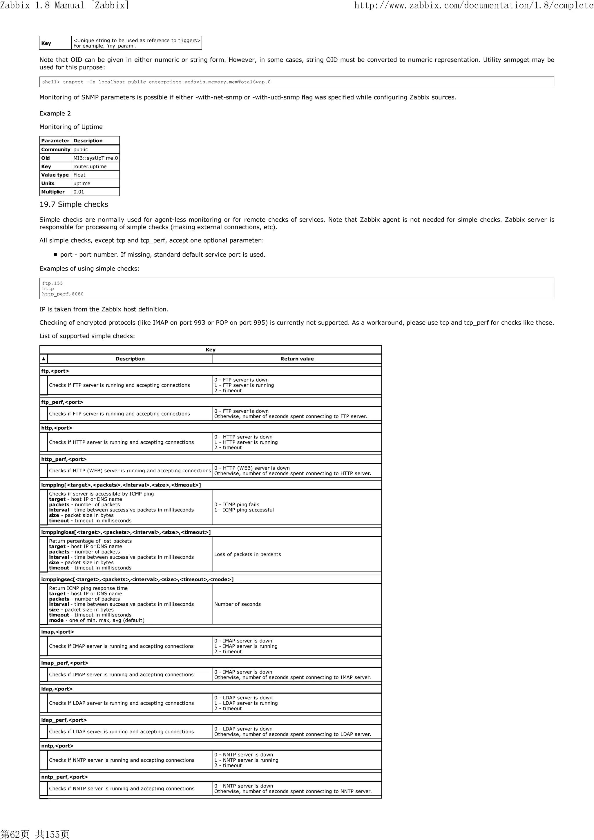 Zabbix 1.8 Manual [Zabbix]                                                                                                           http://www.zabbix.com/documentation/1.8/complete


                      <Unique string to be used as reference to triggers>
        Key
                      For example, ‘my_param’.


       Note that OID can be given in either numeric or string form. However, in some cases, string OID must be converted to numeric representation. Utility snmpget may be
       used for this purpose:

        shell> snmpget -On localhost public enterprises.ucdavis.memory.memTotalSwap.0


       Monitoring of SNMP parameters is possible if either -with-net-snmp or -with-ucd-snmp flag was specified while configuring Zabbix sources.

       Example 2

       Monitoring of Uptime

        Parameter Description
        Community public
        Oid           MIB::sysUpTime.0
        Key           router.uptime
        Value type Float
        Units         uptime
        Multiplier    0.01

       19.7 Simple checks

       Simple checks are normally used for agent-less monitoring or for remote checks of services. Note that Zabbix agent is not needed for simple checks. Zabbix server is
       responsible for processing of simple checks (making external connections, etc).

       All simple checks, except tcp and tcp_perf, accept one optional parameter:

                port - port number. If missing, standard default service port is used.

       Examples of using simple checks:

        ftp,155
        http
        http_perf,8080


       IP is taken from the Zabbix host definition.

       Checking of encrypted protocols (like IMAP on port 993 or POP on port 995) is currently not supported. As a workaround, please use tcp and tcp_perf for checks like these.

       List of supported simple checks:

                                                                            Key
        ▲                             Description                                                           Return value

        ftp,<port>
                                                                               0 - FTP server is down
            Checks if FTP server is running and accepting connections          1 - FTP server is running
                                                                               2 - timeout

        ftp_perf,<port>
                                                                               0 - FTP server is down
            Checks if FTP server is running and accepting connections
                                                                               Otherwise, number of seconds spent connecting to FTP server.

        http,<port>
                                                                               0 - HTTP server is down
            Checks if HTTP server is running and accepting connections         1 - HTTP server is running
                                                                               2 - timeout

        http_perf,<port>
                                                                               0 - HTTP (WEB) server is down
            Checks if HTTP (WEB) server is running and accepting connections
                                                                               Otherwise, number of seconds spent connecting to HTTP server.

        icmpping[<target>,<packets>,<interval>,<size>,<timeout>]
            Checks if server is accessible by ICMP ping
            target - host IP or DNS name
            packets - number of packets                                        0 - ICMP ping fails
            interval - time between successive packets in milliseconds         1 - ICMP ping successful
            size - packet size in bytes
            timeout - timeout in milliseconds

        icmppingloss[<target>,<packets>,<interval>,<size>,<timeout>]
            Return percentage of lost packets
            target - host IP or DNS name
            packets - number of packets
                                                                               Loss of packets in percents
            interval - time between successive packets in milliseconds
            size - packet size in bytes
            timeout - timeout in milliseconds

        icmppingsec[<target>,<packets>,<interval>,<size>,<timeout>,<mode>]
            Return ICMP ping response time
            target - host IP or DNS name
            packets - number of packets
            interval - time between successive packets in milliseconds         Number of seconds
            size - packet size in bytes
            timeout - timeout in milliseconds
            mode - one of min, max, avg (default)

        imap,<port>
                                                                               0 - IMAP server is down
            Checks if IMAP server is running and accepting connections         1 - IMAP server is running
                                                                               2 - timeout

        imap_perf,<port>
                                                                               0 - IMAP server is down
            Checks if IMAP server is running and accepting connections
                                                                               Otherwise, number of seconds spent connecting to IMAP server.

        ldap,<port>
                                                                               0 - LDAP server is down
            Checks if LDAP server is running and accepting connections         1 - LDAP server is running
                                                                               2 - timeout

        ldap_perf,<port>
                                                                               0 - LDAP server is down
            Checks if LDAP server is running and accepting connections
                                                                               Otherwise, number of seconds spent connecting to LDAP server.

        nntp,<port>
                                                                               0 - NNTP server is down
            Checks if NNTP server is running and accepting connections         1 - NNTP server is running
                                                                               2 - timeout

        nntp_perf,<port>
                                                                               0 - NNTP server is down
            Checks if NNTP server is running and accepting connections
                                                                               Otherwise, number of seconds spent connecting to NNTP server.




第62页 共155页
 