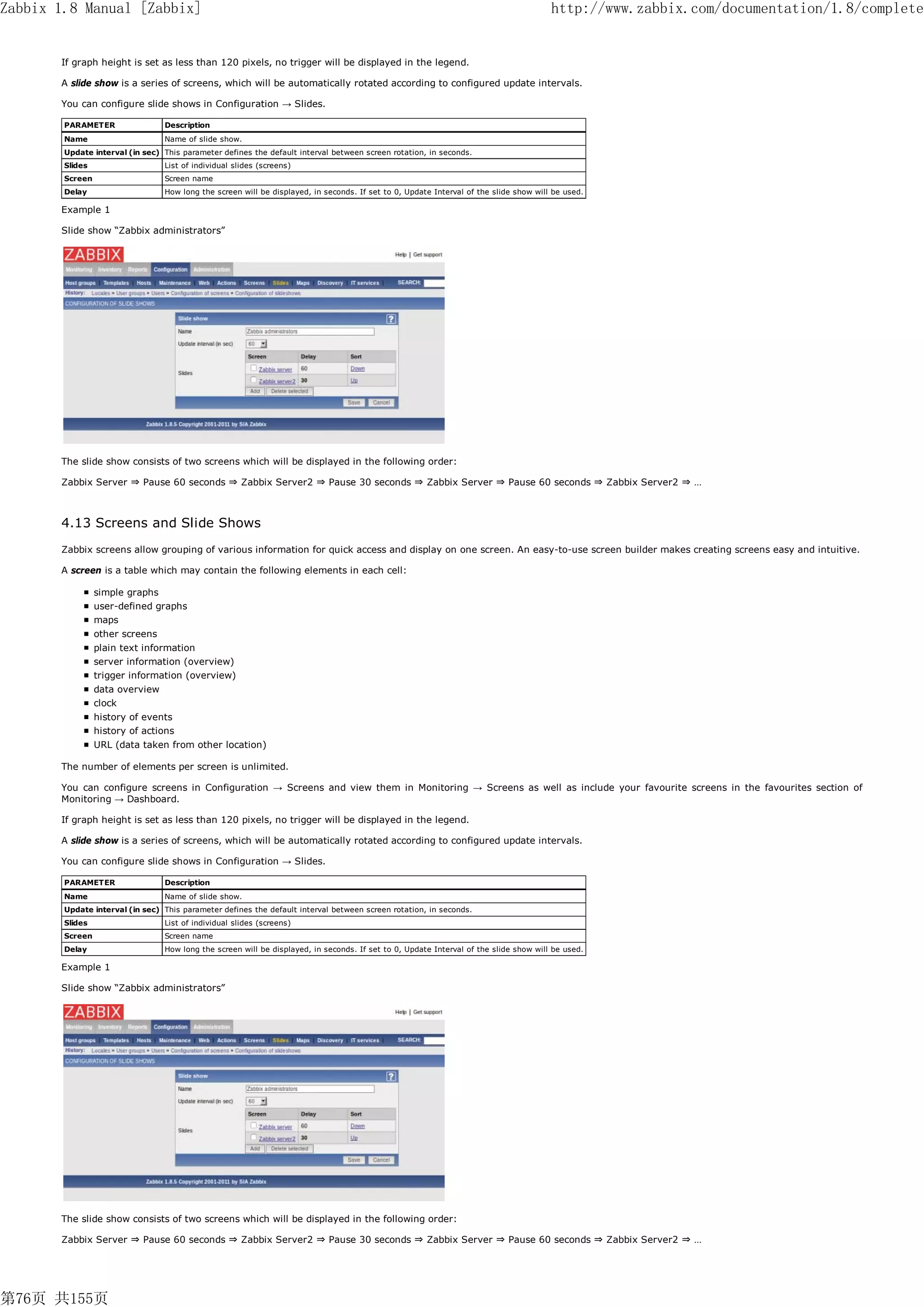 Zabbix 1.8 Manual [Zabbix]                                                                                                             http://www.zabbix.com/documentation/1.8/complete


       If graph height is set as less than 120 pixels, no trigger will be displayed in the legend.

       A slide show is a series of screens, which will be automatically rotated according to configured update intervals.

       You can configure slide shows in Configuration → Slides.

        PARAMETER                Description
        Name                     Name of slide show.
        Update interval (in sec) This parameter defines the default interval between screen rotation, in seconds.
        Slides                   List of individual slides (screens)
        Screen                   Screen name
        Delay                    How long the screen will be displayed, in seconds. If set to 0, Update Interval of the slide show will be used.

       Example 1

       Slide show “Zabbix administrators”




       The slide show consists of two screens which will be displayed in the following order:

       Zabbix Server ⇒ Pause 60 seconds ⇒ Zabbix Server2 ⇒ Pause 30 seconds ⇒ Zabbix Server ⇒ Pause 60 seconds ⇒ Zabbix Server2 ⇒ …



       4.13 Screens and Slide Shows
       Zabbix screens allow grouping of various information for quick access and display on one screen. An easy-to-use screen builder makes creating screens easy and intuitive.

       A screen is a table which may contain the following elements in each cell:

                 simple graphs
                 user-defined graphs
                 maps
                 other screens
                 plain text information
                 server information (overview)
                 trigger information (overview)
                 data overview
                 clock
                 history of events
                 history of actions
                 URL (data taken from other location)

       The number of elements per screen is unlimited.

       You can configure screens in Configuration → Screens and view them in Monitoring → Screens as well as include your favourite screens in the favourites section of
       Monitoring → Dashboard.

       If graph height is set as less than 120 pixels, no trigger will be displayed in the legend.

       A slide show is a series of screens, which will be automatically rotated according to configured update intervals.

       You can configure slide shows in Configuration → Slides.

        PARAMETER                Description
        Name                     Name of slide show.
        Update interval (in sec) This parameter defines the default interval between screen rotation, in seconds.
        Slides                   List of individual slides (screens)
        Screen                   Screen name
        Delay                    How long the screen will be displayed, in seconds. If set to 0, Update Interval of the slide show will be used.

       Example 1

       Slide show “Zabbix administrators”




       The slide show consists of two screens which will be displayed in the following order:

       Zabbix Server ⇒ Pause 60 seconds ⇒ Zabbix Server2 ⇒ Pause 30 seconds ⇒ Zabbix Server ⇒ Pause 60 seconds ⇒ Zabbix Server2 ⇒ …




第76页 共155页
 