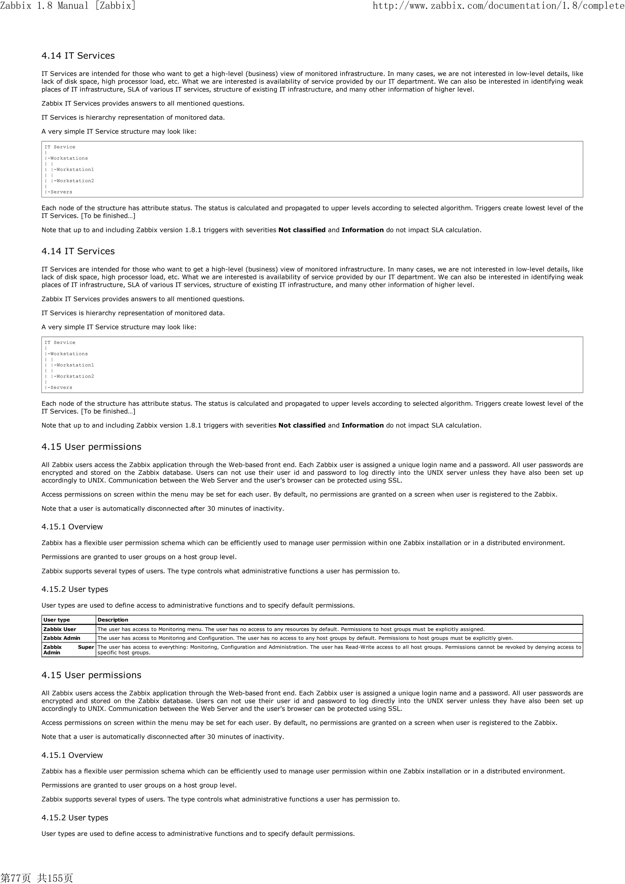 Zabbix 1.8 Manual [Zabbix]                                                                                                            http://www.zabbix.com/documentation/1.8/complete



       4.14 IT Services
       IT Services are intended for those who want to get a high-level (business) view of monitored infrastructure. In many cases, we are not interested in low-level details, like
       lack of disk space, high processor load, etc. What we are interested is availability of service provided by our IT department. We can also be interested in identifying weak
       places of IT infrastructure, SLA of various IT services, structure of existing IT infrastructure, and many other information of higher level.

       Zabbix IT Services provides answers to all mentioned questions.

       IT Services is hierarchy representation of monitored data.

       A very simple IT Service structure may look like:

        IT Service
        |
        |-Workstations
        | |
        | |-Workstation1
        | |
        | |-Workstation2
        |
        |-Servers


       Each node of the structure has attribute status. The status is calculated and propagated to upper levels according to selected algorithm. Triggers create lowest level of the
       IT Services. [To be finished…]

       Note that up to and including Zabbix version 1.8.1 triggers with severities Not classified and Information do not impact SLA calculation.


       4.14 IT Services
       IT Services are intended for those who want to get a high-level (business) view of monitored infrastructure. In many cases, we are not interested in low-level details, like
       lack of disk space, high processor load, etc. What we are interested is availability of service provided by our IT department. We can also be interested in identifying weak
       places of IT infrastructure, SLA of various IT services, structure of existing IT infrastructure, and many other information of higher level.

       Zabbix IT Services provides answers to all mentioned questions.

       IT Services is hierarchy representation of monitored data.

       A very simple IT Service structure may look like:

        IT Service
        |
        |-Workstations
        | |
        | |-Workstation1
        | |
        | |-Workstation2
        |
        |-Servers


       Each node of the structure has attribute status. The status is calculated and propagated to upper levels according to selected algorithm. Triggers create lowest level of the
       IT Services. [To be finished…]

       Note that up to and including Zabbix version 1.8.1 triggers with severities Not classified and Information do not impact SLA calculation.


       4.15 User permissions
       All Zabbix users access the Zabbix application through the Web-based front end. Each Zabbix user is assigned a unique login name and a password. All user passwords are
       encrypted and stored on the Zabbix database. Users can not use their user id and password to log directly into the UNIX server unless they have also been set up
       accordingly to UNIX. Communication between the Web Server and the user's browser can be protected using SSL.

       Access permissions on screen within the menu may be set for each user. By default, no permissions are granted on a screen when user is registered to the Zabbix.

       Note that a user is automatically disconnected after 30 minutes of inactivity.


       4.15.1 Overview

       Zabbix has a flexible user permission schema which can be efficiently used to manage user permission within one Zabbix installation or in a distributed environment.

       Permissions are granted to user groups on a host group level.

       Zabbix supports several types of users. The type controls what administrative functions a user has permission to.


       4.15.2 User types

       User types are used to define access to administrative functions and to specify default permissions.

        User type            Description
        Zabbix User          The user has access to Monitoring menu. The user has no access to any resources by default. Permissions to host groups must be explicitly assigned.
        Zabbix Admin         The user has access to Monitoring and Configuration. The user has no access to any host groups by default. Permissions to host groups must be explicitly given.
        Zabbix        Super The user has access to everything: Monitoring, Configuration and Administration. The user has Read-Write access to all host groups. Permissions cannot be revoked by denying access to
        Admin               specific host groups.



       4.15 User permissions
       All Zabbix users access the Zabbix application through the Web-based front end. Each Zabbix user is assigned a unique login name and a password. All user passwords are
       encrypted and stored on the Zabbix database. Users can not use their user id and password to log directly into the UNIX server unless they have also been set up
       accordingly to UNIX. Communication between the Web Server and the user's browser can be protected using SSL.

       Access permissions on screen within the menu may be set for each user. By default, no permissions are granted on a screen when user is registered to the Zabbix.

       Note that a user is automatically disconnected after 30 minutes of inactivity.


       4.15.1 Overview

       Zabbix has a flexible user permission schema which can be efficiently used to manage user permission within one Zabbix installation or in a distributed environment.

       Permissions are granted to user groups on a host group level.

       Zabbix supports several types of users. The type controls what administrative functions a user has permission to.


       4.15.2 User types

       User types are used to define access to administrative functions and to specify default permissions.




第77页 共155页
 