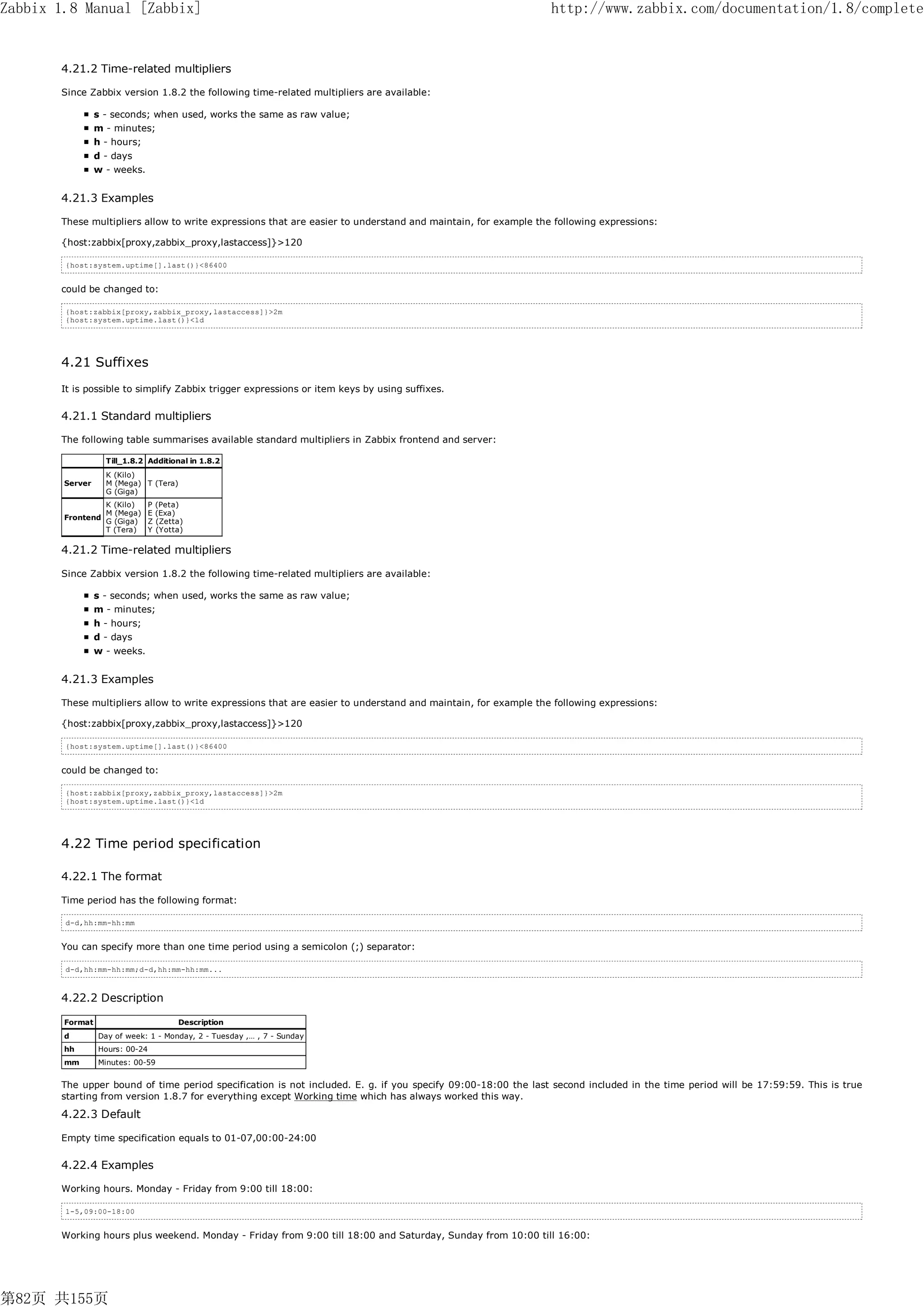 Zabbix 1.8 Manual [Zabbix]                                                                                     http://www.zabbix.com/documentation/1.8/complete


       4.21.2 Time-related multipliers

       Since Zabbix version 1.8.2 the following time-related multipliers are available:

                 s - seconds; when used, works the same as raw value;
                 m - minutes;
                 h - hours;
                 d - days
                 w - weeks.


       4.21.3 Examples

       These multipliers allow to write expressions that are easier to understand and maintain, for example the following expressions:

       {host:zabbix[proxy,zabbix_proxy,lastaccess]}>120

        {host:system.uptime[].last()}<86400


       could be changed to:

        {host:zabbix[proxy,zabbix_proxy,lastaccess]}>2m
        {host:system.uptime.last()}<1d




       4.21 Suffixes
       It is possible to simplify Zabbix trigger expressions or item keys by using suffixes.

       4.21.1 Standard multipliers

       The following table summarises available standard multipliers in Zabbix frontend and server:

                   Till_1.8.2 Additional in 1.8.2
                   K (Kilo)
        Server     M (Mega) T (Tera)
                   G (Giga)
                   K (Kilo)     P   (Peta)
                   M (Mega)     E   (Exa)
        Frontend
                   G (Giga)     Z   (Zetta)
                   T (Tera)     Y   (Yotta)

       4.21.2 Time-related multipliers

       Since Zabbix version 1.8.2 the following time-related multipliers are available:

                 s - seconds; when used, works the same as raw value;
                 m - minutes;
                 h - hours;
                 d - days
                 w - weeks.


       4.21.3 Examples

       These multipliers allow to write expressions that are easier to understand and maintain, for example the following expressions:

       {host:zabbix[proxy,zabbix_proxy,lastaccess]}>120

        {host:system.uptime[].last()}<86400


       could be changed to:

        {host:zabbix[proxy,zabbix_proxy,lastaccess]}>2m
        {host:system.uptime.last()}<1d




       4.22 Time period specification

       4.22.1 The format

       Time period has the following format:

        d-d,hh:mm-hh:mm


       You can specify more than one time period using a semicolon (;) separator:

        d-d,hh:mm-hh:mm;d-d,hh:mm-hh:mm...



       4.22.2 Description

        Format                           Description
        d        Day of week: 1 - Monday, 2 - Tuesday ,… , 7 - Sunday
        hh       Hours: 00-24
        mm       Minutes: 00-59


       The upper bound of time period specification is not included. E. g. if you specify 09:00-18:00 the last second included in the time period will be 17:59:59. This is true
       starting from version 1.8.7 for everything except Working time which has always worked this way.

       4.22.3 Default

       Empty time specification equals to 01-07,00:00-24:00


       4.22.4 Examples

       Working hours. Monday - Friday from 9:00 till 18:00:

        1-5,09:00-18:00


       Working hours plus weekend. Monday - Friday from 9:00 till 18:00 and Saturday, Sunday from 10:00 till 16:00:




第82页 共155页
 