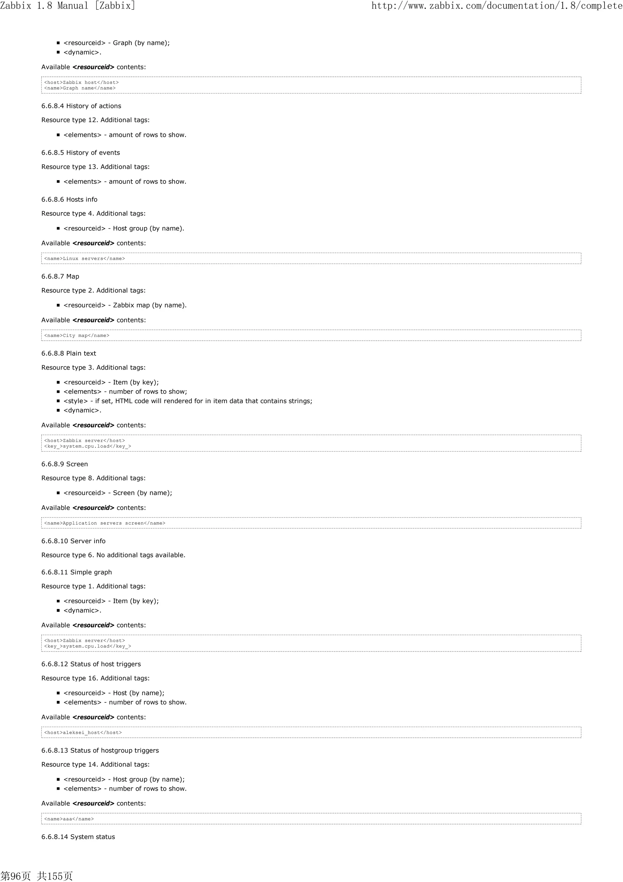 Zabbix 1.8 Manual [Zabbix]                                                                        http://www.zabbix.com/documentation/1.8/complete


              <resourceid> - Graph (by name);
              <dynamic>.

       Available <resourceid> contents:

        <host>Zabbix host</host>
        <name>Graph name</name>


       6.6.8.4 History of actions

       Resource type 12. Additional tags:

              <elements> - amount of rows to show.

       6.6.8.5 History of events

       Resource type 13. Additional tags:

              <elements> - amount of rows to show.

       6.6.8.6 Hosts info

       Resource type 4. Additional tags:

              <resourceid> - Host group (by name).

       Available <resourceid> contents:

        <name>Linux servers</name>


       6.6.8.7 Map

       Resource type 2. Additional tags:

              <resourceid> - Zabbix map (by name).

       Available <resourceid> contents:

        <name>City map</name>


       6.6.8.8 Plain text

       Resource type 3. Additional tags:

              <resourceid> - Item (by key);
              <elements> - number of rows to show;
              <style> - if set, HTML code will rendered for in item data that contains strings;
              <dynamic>.

       Available <resourceid> contents:

        <host>Zabbix server</host>
        <key_>system.cpu.load</key_>


       6.6.8.9 Screen

       Resource type 8. Additional tags:

              <resourceid> - Screen (by name);

       Available <resourceid> contents:

        <name>Application servers screen</name>


       6.6.8.10 Server info

       Resource type 6. No additional tags available.

       6.6.8.11 Simple graph

       Resource type 1. Additional tags:

              <resourceid> - Item (by key);
              <dynamic>.

       Available <resourceid> contents:

        <host>Zabbix server</host>
        <key_>system.cpu.load</key_>


       6.6.8.12 Status of host triggers

       Resource type 16. Additional tags:

              <resourceid> - Host (by name);
              <elements> - number of rows to show.

       Available <resourceid> contents:

        <host>aleksei_host</host>


       6.6.8.13 Status of hostgroup triggers

       Resource type 14. Additional tags:

              <resourceid> - Host group (by name);
              <elements> - number of rows to show.

       Available <resourceid> contents:

        <name>aaa</name>


       6.6.8.14 System status




第96页 共155页
 