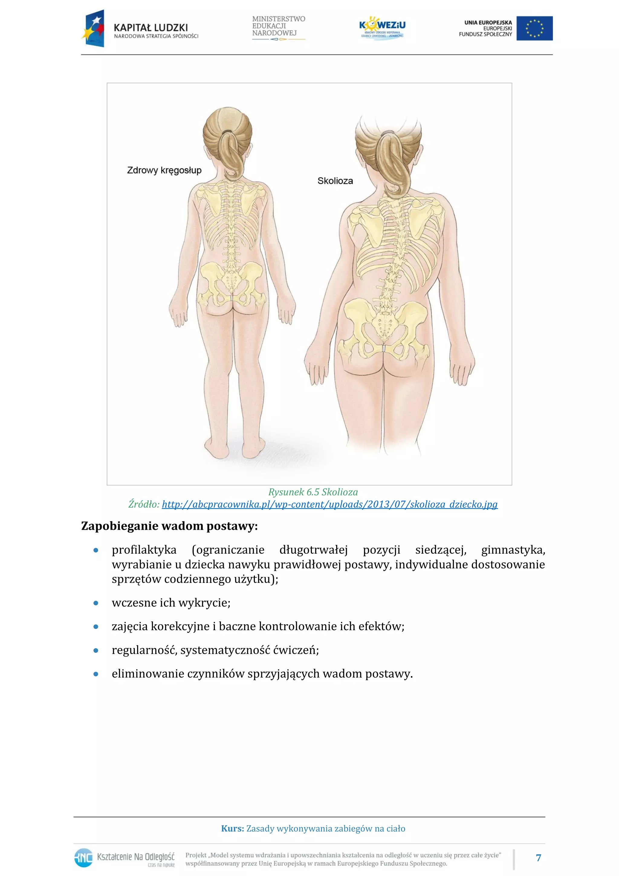 7
Kurs: Zasady wykonywania zabiegów na ciało
Rysunek 6.5 Skolioza
Źródło: http://abcpracownika.pl/wp-content/uploads/2013/07/skolioza_dziecko.jpg
Zapobieganie wadom postawy:
profilaktyka (ograniczanie długotrwałej pozycji siedzącej, gimnastyka,
wyrabianie u dziecka nawyku prawidłowej postawy, indywidualne dostosowanie
sprzętów codziennego użytku);
wczesne ich wykrycie;
zajęcia korekcyjne i baczne kontrolowanie ich efektów;
regularność, systematyczność ćwiczeń;
eliminowanie czynników sprzyjających wadom postawy.
 