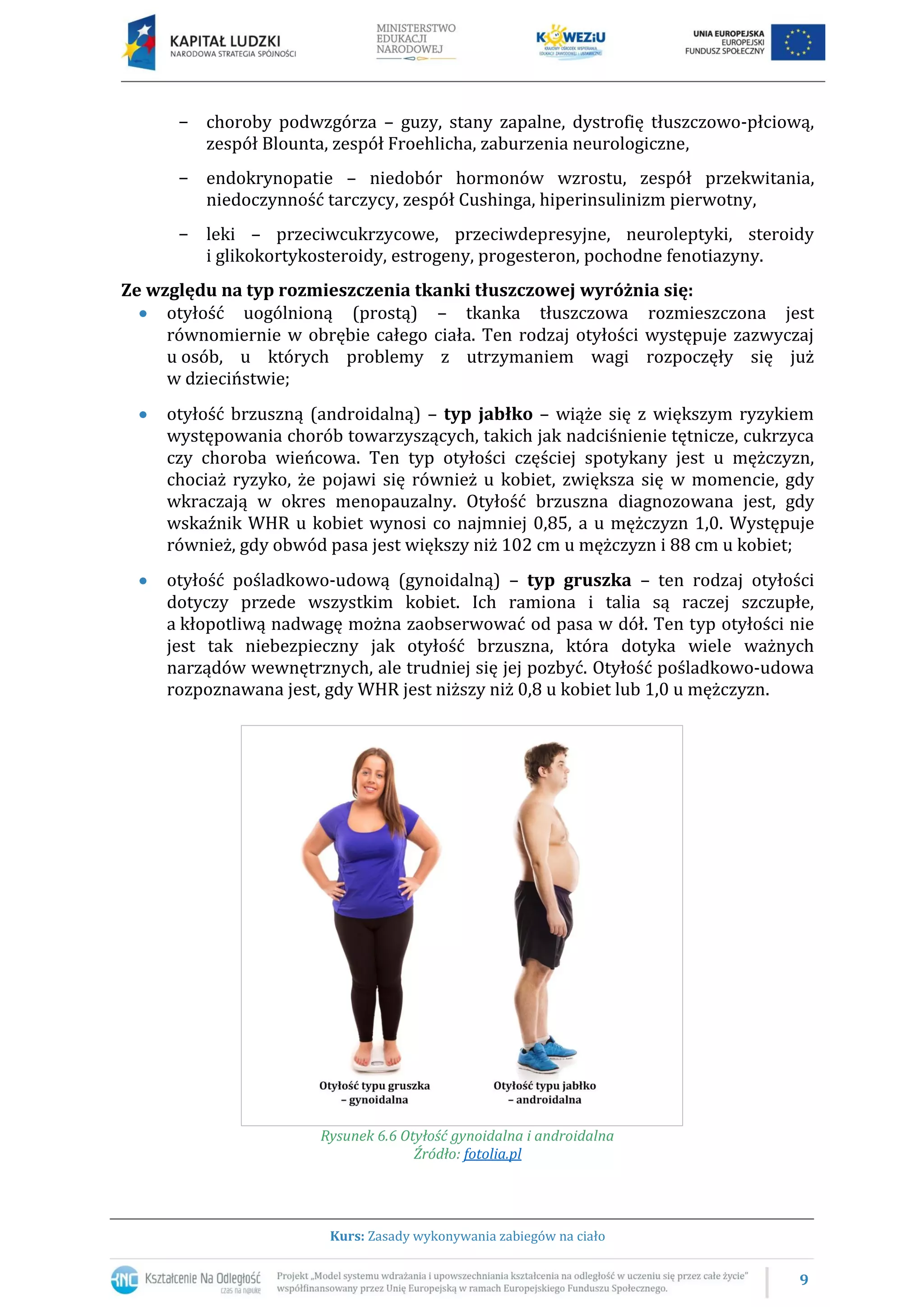 9
Kurs: Zasady wykonywania zabiegów na ciało
− choroby podwzgórza – guzy, stany zapalne, dystrofię tłuszczowo-płciową,
zespół Blounta, zespół Froehlicha, zaburzenia neurologiczne,
− endokrynopatie – niedobór hormonów wzrostu, zespół przekwitania,
niedoczynność tarczycy, zespół Cushinga, hiperinsulinizm pierwotny,
− leki – przeciwcukrzycowe, przeciwdepresyjne, neuroleptyki, steroidy
i glikokortykosteroidy, estrogeny, progesteron, pochodne fenotiazyny.
Ze względu na typ rozmieszczenia tkanki tłuszczowej wyróżnia się:
otyłość uogólnioną (prostą) – tkanka tłuszczowa rozmieszczona jest
równomiernie w obrębie całego ciała. Ten rodzaj otyłości występuje zazwyczaj
u osób, u których problemy z utrzymaniem wagi rozpoczęły się już
w dzieciństwie;
otyłość brzuszną (androidalną) – typ jabłko – wiąże się z większym ryzykiem
występowania chorób towarzyszących, takich jak nadciśnienie tętnicze, cukrzyca
czy choroba wieńcowa. Ten typ otyłości częściej spotykany jest u mężczyzn,
chociaż ryzyko, że pojawi się również u kobiet, zwiększa się w momencie, gdy
wkraczają w okres menopauzalny. Otyłość brzuszna diagnozowana jest, gdy
wskaźnik WHR u kobiet wynosi co najmniej 0,85, a u mężczyzn 1,0. Występuje
również, gdy obwód pasa jest większy niż 102 cm u mężczyzn i 88 cm u kobiet;
otyłość pośladkowo-udową (gynoidalną) – typ gruszka – ten rodzaj otyłości
dotyczy przede wszystkim kobiet. Ich ramiona i talia są raczej szczupłe,
a kłopotliwą nadwagę można zaobserwować od pasa w dół. Ten typ otyłości nie
jest tak niebezpieczny jak otyłość brzuszna, która dotyka wiele ważnych
narządów wewnętrznych, ale trudniej się jej pozbyć. Otyłość pośladkowo-udowa
rozpoznawana jest, gdy WHR jest niższy niż 0,8 u kobiet lub 1,0 u mężczyzn.
Rysunek 6.6 Otyłość gynoidalna i androidalna
Źródło: fotolia.pl
 