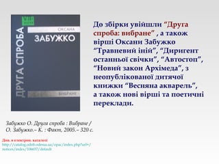До збірки увійшли “Друга
спроба: вибране” , а також
вірші Оксани Забужко
“Травневий іній”, “Диригент
останньої свічки”, “Автостоп”,
“Новий закон Архімеда”, з
неопублікованої дитячої
книжки “Весняна акварель”,
а також нові вірші та поетичні
переклади.
Забужко О. Друга спроба : Вибране /
О. Забужко.– К. : Факт, 2005.– 320 с.
Див. в електрон. каталозі
http://catalog.odnb.odessa.ua/opac/index.php?url=/
notices/index/106657/default
 