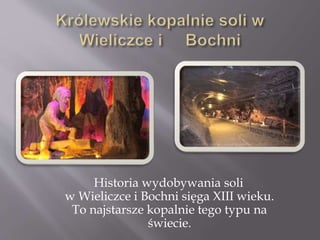 Historia wydobywania soli
w Wieliczce i Bochni sięga XIII wieku.
To najstarsze kopalnie tego typu na
świecie.
 