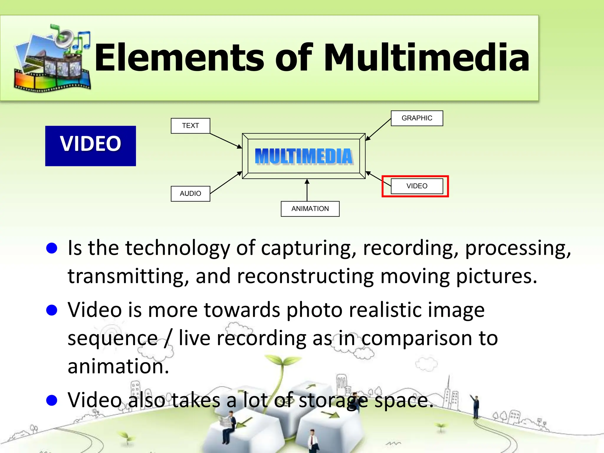 VIDEO
TEXT
AUDIO
GRAPHIC
VIDEO
ANIMATION
 Is the technology of capturing, recording, processing,
transmitting, and reconstructing moving pictures.
 Video is more towards photo realistic image
sequence / live recording as in comparison to
animation.
 Video also takes a lot of storage space.
Elements of Multimedia
 