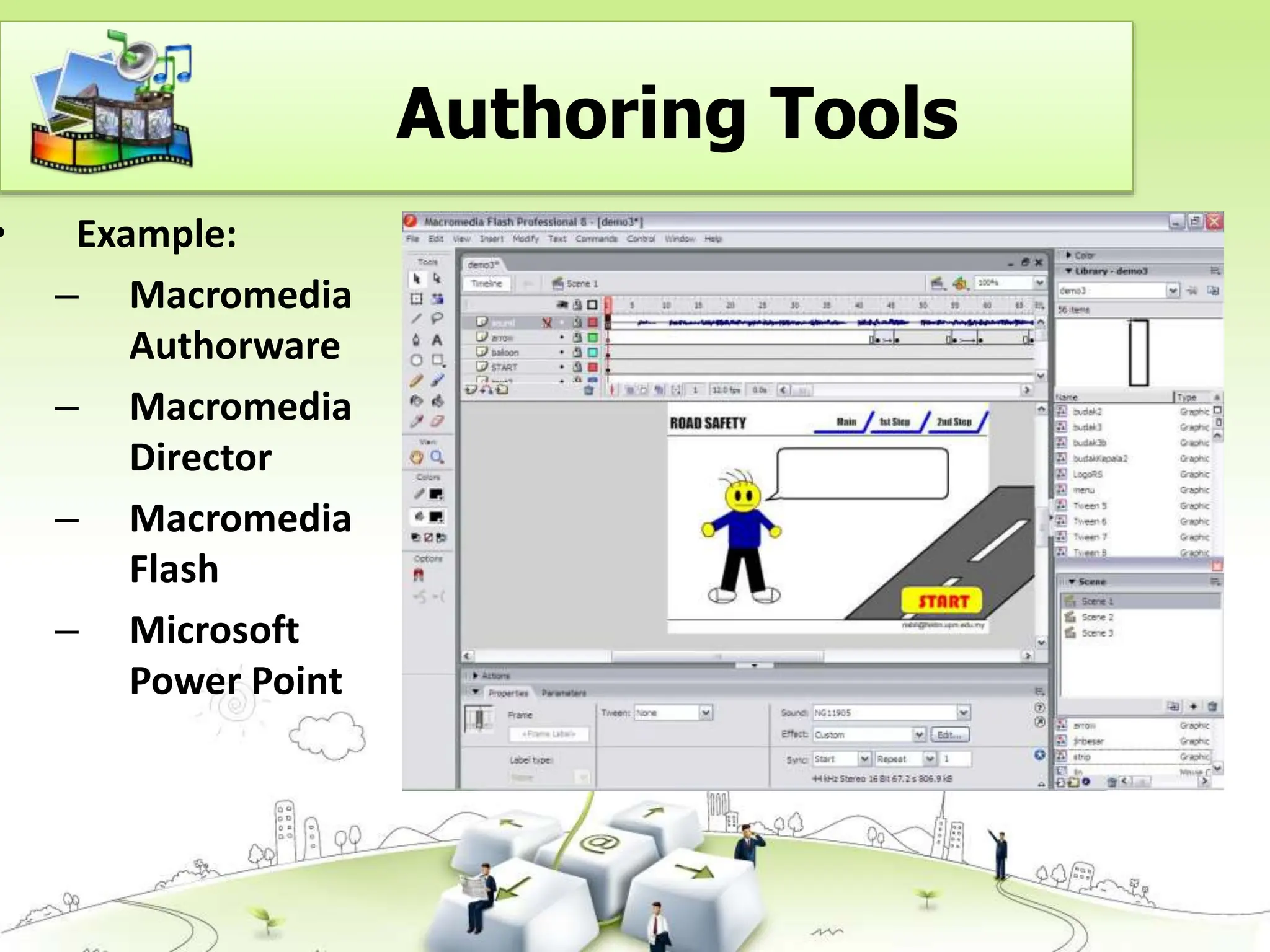 • Example:
– Macromedia
Authorware
– Macromedia
Director
– Macromedia
Flash
– Microsoft
Power Point
Authoring Tools
 