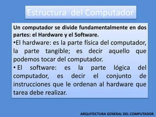 Un computador se divide fundamentalmente en dos
partes: el Hardware y el Software.
•El hardware: es la parte física del computador,
la parte tangible; es decir aquello que
podemos tocar del computador.
• El software: es la parte lógica del
computador, es decir el conjunto de
instrucciones que le ordenan al hardware que
tarea debe realizar.
Estructura del Computador
ARQUITECTURA GENERAL DEL COMPUTADOR
 