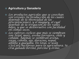    Agricultura y Ganadería

 Los productos agrícolas que se cosechan
  son cereales (la producción de los cuales
  depende de la intensidad de las
  precipitaciones), y el maguey, el cual
  depende de la irrigación de los valles
  bajos, y que se desenvuelve con facilidad
  en climas secos.
 Los cultivos cíclicos que más se siembran
  son: frijol, maíz, avena forrajera, chile y
  cebada. Además se siembran avena,
  sorgo, cebolla, ajo, durazno, nopal,
  alfalfa y guayaba. En total, se usan
  1.303.564 hectáreas para la agricultura. Se
  cría ganado bovino, porcino y ovino.
 