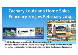 Zachary Louisiana Home Sales
February 2013 vs February 2014
Published on www. zacharylouisianarealestate.info
Based on information from Greater Baton Rouge Association of REALTORS®MLS
for period 02/01/2013 to 03/17/2014 extracted 03/17/2014. ALL Property Types Ages.
 