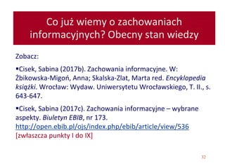 32
Co już wiemy o zachowaniach
informacyjnych? Obecny stan wiedzy
Zobacz:
Cisek, Sabina (2017b). Zachowania informacyjne. W:
Żbikowska-Migoń, Anna; Skalska-Zlat, Marta red. Encyklopedia
książki. Wrocław: Wydaw. Uniwersytetu Wrocławskiego, T. II., s.
643-647.
Cisek, Sabina (2017c). Zachowania informacyjne – wybrane
aspekty. Biuletyn EBIB, nr 173.
http://open.ebib.pl/ojs/index.php/ebib/article/view/536
[zwłaszcza punkty I do IX]
 