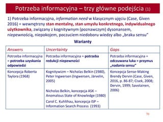 70
Potrzeba informacyjna – trzy główne podejścia (1)
1) Potrzeba informacyjna, information need w klasycznym ujęciu (Case, Given
2016) = wewnętrzny stan mentalny, stan umysłu konkretnego, indywidualnego
użytkownika, związany z kognitywnym (poznawczym) dysonansem,
niepewnością, niepokojem, poczuciem niedoboru wiedzy albo „braku sensu”
Warianty
Answers Uncertainty Gaps
Potrzeba informacyjna
= potrzeba uzyskania
odpowiedzi
Potrzeba informacyjna = potrzeba
redukcji niepewności
Potrzeba informacyjna =
odczuwana luka = przymus
„nadania sensu”
Koncepcja Roberta
Taylora (1968)
Kognitywizm – Nicholas Belkin (1980),
Peter Ingwersen (Ingwersen, Järvelin,
2005)
Nicholas Belkin, koncepcja ASK –
Anomalous State of Knowledge (1980)
Carol C. Kuhlthau, koncepcja ISP –
Information Search Process (1993)
Koncepcja Sense-Making
Brendy Dervin (Case, Given,
2016, p. 86-87; Cisek, 2008;
Dervin, 1999; Savolainen,
2006)
 