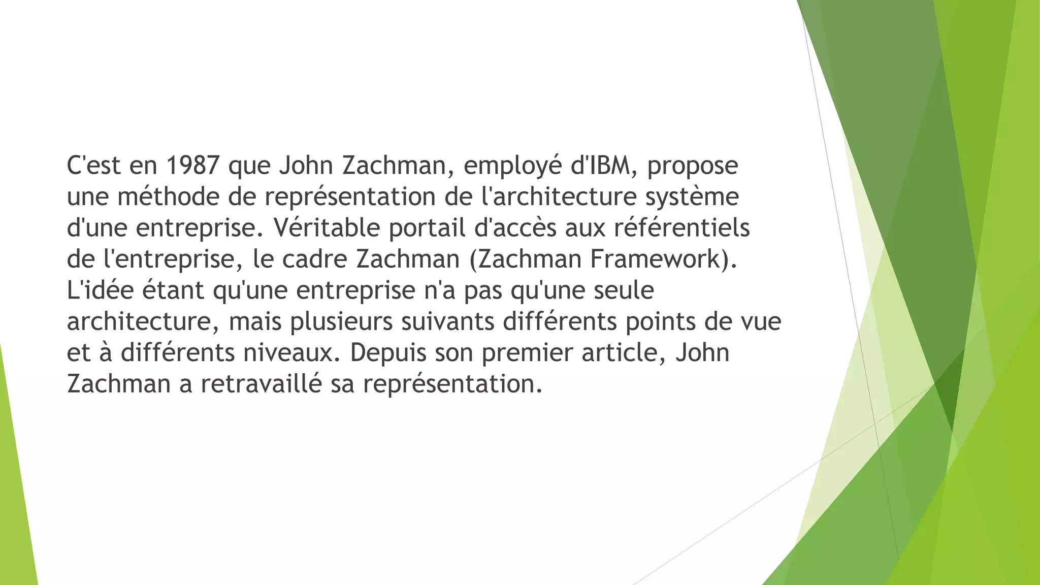 C'est en 1987 que John Zachman, employé d'IBM, propose
une méthode de représentation de l'architecture système
d'une entreprise. Véritable portail d'accès aux référentiels
de l'entreprise, le cadre Zachman (Zachman Framework).
L'idée étant qu'une entreprise n'a pas qu'une seule
architecture, mais plusieurs suivants différents points de vue
et à différents niveaux. Depuis son premier article, John
Zachman a retravaillé sa représentation.
 