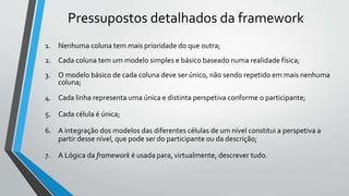 1. Nenhuma coluna tem mais prioridade do que outra;
2. Cada coluna tem um modelo simples e básico baseado numa realidade física;
3. O modelo básico de cada coluna deve ser único, não sendo repetido em mais nenhuma
coluna;
4. Cada linha representa uma única e distinta perspetiva conforme o participante;
5. Cada célula é única;
6. A integração dos modelos das diferentes células de um nível constitui a perspetiva a
partir desse nível, que pode ser do participante ou da descrição;
7. A Lógica da framework é usada para, virtualmente, descrever tudo.
Pressupostos detalhados da framework
 