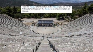 This is the RESULT of architecture. In the RESULT you can see the
Architect’s “architecture”. The RESULT is an implementation, an
instance.
 