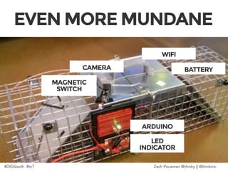 ARDUINO
CAMERA
WIFI
LED 
INDICATOR
BATTERY
MAGNETIC
SWITCH
EVEN MORE MUNDANE
#DIGSouth #IoT Zach Pousman @thinky || @thinkinc
 