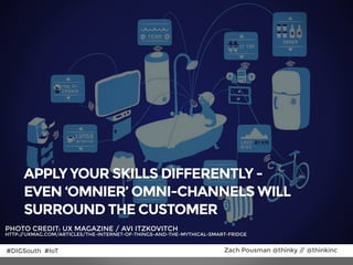 APPLY YOUR SKILLS DIFFERENTLY -
EVEN ‘OMNIER’ OMNI-CHANNELS WILL
SURROUND THE CUSTOMER
PHOTO CREDIT: UX MAGAZINE / AVI ITZKOVITCH
HTTP://UXMAG.COM/ARTICLES/THE-INTERNET-OF-THINGS-AND-THE-MYTHICAL-SMART-FRIDGE
#DIGSouth #IoT Zach Pousman @thinky // @thinkinc
 