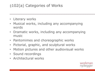 §102(a) Categories of Works
• Literary works
• Musical works, including any accompanying
words
• Dramatic works, including any accompanying
music
• Pantomimes and choreographic works
• Pictorial, graphic, and sculptural works
• Motion pictures and other audiovisual works
• Sound recordings
• Architectural works
 