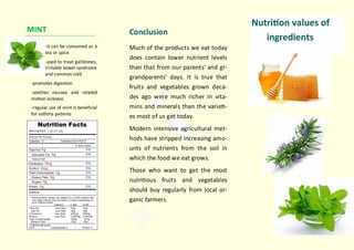 Nutrition values of
ingredients
-it can be consumed as a
tea or spice
-used to treat gallstones,
irritable bowel syndrome
and common cold
-promotes digestion
-soothes nausea and related
motion sickness
-regular use of mint is beneficial
for asthma patients
MINT Conclusion
Much of the products we eat today
does contain lower nutrient levels
than that from our parents' and gr-
grandparents' days. It is true that
fruits and vegetables grown deca-
des ago were much richer in vita-
mins and minerals than the varieti-
es most of us get today.
Modern intensive agricultural met-
hods have stripped increasing amo-
unts of nutrients from the soil in
which the food we eat grows.
Those who want to get the most
nutritious fruits and vegetables
should buy regularly from local or-
ganic farmers.
 
