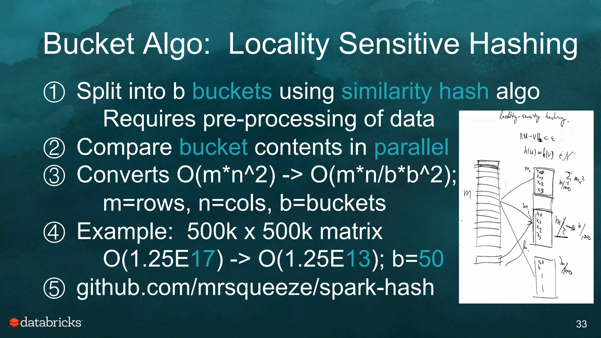 Bucket Algo: Locality Sensitive Hashing
33
①  Split into b buckets using similarity hash algo
Requires pre-processing of data
②  Compare bucket contents in parallel
③  Converts O(m*n^2) -> O(m*n/b*b^2);
m=rows, n=cols, b=buckets
④  Example: 500k x 500k matrix
O(1.25E17) -> O(1.25E13); b=50
⑤  github.com/mrsqueeze/spark-hash
 