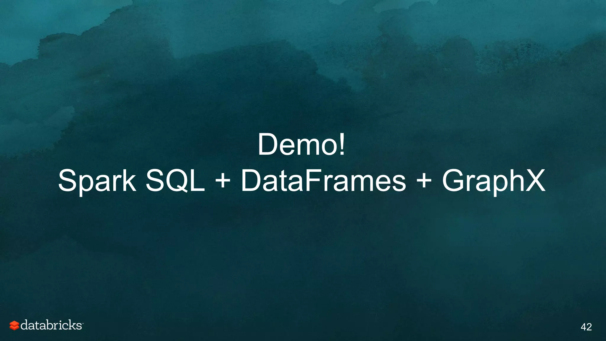 Demo!
Spark SQL + DataFrames + GraphX
42
 
