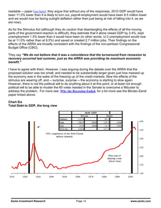 readable -- paper (see here), they argue that without any of the responses, 2010 GDP would have
been 11.5% lower than it is likely to turn out, payroll employment would have been 8.5 million lower
and we would now be facing outright deflation rather then just being at risk of falling into it, as we
are now).

As for the Stimulus Act (although they do caution that disentangling the effects of all the moving
parts of the government reaction is difficult), they estimate that it alone raised GDP by 3.4%, kept
unemployment 1.5% lower than it would have been (in other words, U-3 unemployment would now
be at 11.0% rather than at 9.5%) and saved or created 2.7 million jobs. Their findings on the
effects of the ARRA are broadly consistent with the findings of the non-partisan Congressional
Budget Office (CBO).

They say “We do not believe that it was a coincidence that the turnaround from recession to
recovery occurred last summer, just as the ARRA was providing its maximum economic
benefit.”

I have to agree with them. However, I was arguing during the debate over the ARRA that the
proposed solution was too small, and needed to be substantially larger given just how messed up
the economy was in the wake of the freezing up of the credit markets. Now the effects of the
stimulus are wearing off, and -- surprise, surprise -- the economy is starting to slow again.
However, there is not the political will to do anything about it at this point, or at least not enough
political will to be able to muster the 60 votes needed in the Senate to overcome a filibuster to
address the problem. For more see: Why the Recession Ended, for a lot more see the Blinder-Zandi
paper linked above.

Chart Six
Total Debt to GDP, the long view




 Zacks Investment Research                        Page 14                                 www.zacks.com
 