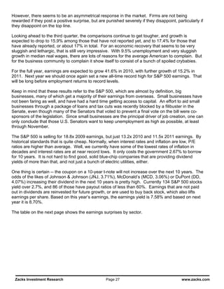 However, there seems to be an asymmetrical response in the market. Firms are not being
rewarded if they post a positive surprise, but are punished severely if they disappoint, particularly if
they disappoint on the top line.

Looking ahead to the third quarter, the comparisons continue to get tougher, and growth is
expected to drop to 15.9% among those that have not reported yet, and to 17.4% for those that
have already reported, or about 17% in total. For an economic recovery that seems to be very
sluggish and lethargic, that is still very impressive. With 9.5% unemployment and very sluggish
growth in median real wages, there are lots of reasons for the average American to complain. But
for the business community to complain it show itself to consist of a bunch of spoiled crybabies.

For the full year, earnings are expected to grow 41.6% in 2010, with further growth of 15.2% in
2011. Next year we should once again set a new all-time record high for S&P 500 earnings. That
will be long before employment returns to record levels.

Keep in mind that these results refer to the S&P 500, which are almost by definition, big
businesses, many of which get a majority of their earnings from overseas. Small businesses have
not been faring as well, and have had a hard time getting access to capital. An effort to aid small
businesses through a package of loans and tax cuts was recently blocked by a filibuster in the
Senate, even though many of the Senators that voted to prevent a final vote on the bill were co-
sponsors of the legislation. Since small businesses are the principal driver of job creation, one can
only conclude that those U.S. Senators want to keep unemployment as high as possible, at least
through November.

The S&P 500 is selling for 18.8x 2009 earnings, but just 13.2x 2010 and 11.5x 2011 earnings. By
historical standards that is quite cheap. Normally, when interest rates and inflation are low, P/E
ratios are higher than average. Well, we currently have some of the lowest rates of inflation in
decades and interest rates are at near record lows. It only costs the government 2.67% to borrow
for 10 years. It is not hard to find good, solid blue-chip companies that are providing dividend
yields of more than that, and not just a bunch of electric utilities, either.

One thing is certain -- the coupon on a 10-year t-note will not increase over the next 10 years. The
odds of the likes of Johnson & Johnson (JNJ, 3.71%), McDonald’s (MCD, 3.06%) or DuPont (DD,
4.07%) increasing their dividend in the next 10 years is pretty high. Currently 134 S&P 500 stocks
yield over 2.7%, and 86 of those have payout ratios of less than 60%. Earnings that are not paid
out in dividends are reinvested for future growth, or are used to buy back stock, which also lifts
earnings per share. Based on this year’s earnings, the earnings yield is 7.58% and based on next
year it is 8.70%.

The table on the next page shows the earnings surprises by sector.




 Zacks Investment Research                         Page 27                                  www.zacks.com
 