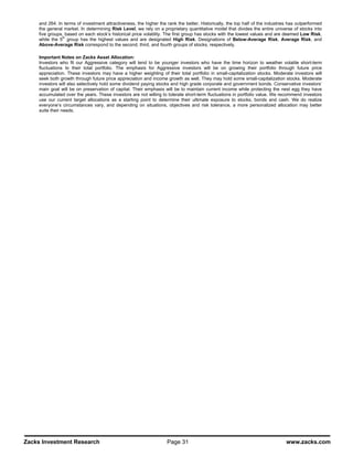and 264. In terms of investment attractiveness, the higher the rank the better. Historically, the top half of the industries has outperformed
     the general market. In determining Risk Level, we rely on a proprietary quantitative model that divides the entire universe of stocks into
     five groups, based on each stock’s historical price volatility. The first group has stocks with the lowest values and are deemed Low Risk,
                th
     while the 5 group has the highest values and are designated High Risk. Designations of Below-Average Risk, Average Risk, and
     Above-Average Risk correspond to the second, third, and fourth groups of stocks, respectively.

     Important Notes on Zacks Asset Allocation:
     Investors who fit our Aggressive category will tend to be younger investors who have the time horizon to weather volatile short-term
     fluctuations to their total portfolio. The emphasis for Aggressive investors will be on growing their portfolio through future price
     appreciation. These investors may have a higher weighting of their total portfolio in small-capitalization stocks. Moderate investors will
     seek both growth through future price appreciation and income growth as well. They may hold some small-capitalization stocks. Moderate
     investors will also selectively hold some dividend paying stocks and high grade corporate and government bonds. Conservative investors’
     main goal will be on preservation of capital. Their emphasis will be to maintain current income while protecting the nest egg they have
     accumulated over the years. These investors are not willing to tolerate short-term fluctuations in portfolio value. We recommend investors
     use our current target allocations as a starting point to determine their ultimate exposure to stocks, bonds and cash. We do realize
     everyone’s circumstances vary, and depending on situations, objectives and risk tolerance, a more personalized allocation may better
     suite their needs.




Zacks Investment Research                                           Page 31                                                     www.zacks.com
 