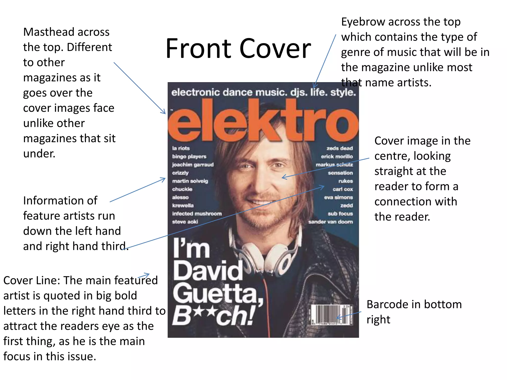 Eyebrow across the top
    Masthead across                            which contains the type of
    the top. Different
    to other
                                 Front Cover   genre of music that will be in
                                               the magazine unlike most
    magazines as it                            that name artists.
    goes over the
    cover images face
    unlike other
    magazines that sit                               Cover image in the
    under.                                           centre, looking
                                                     straight at the
                                                     reader to form a
    Information of                                   connection with
    feature artists run                              the reader.
    down the left hand
    and right hand third.

Cover Line: The main featured
artist is quoted in big bold
                                                    Barcode in bottom
letters in the right hand third to
                                                    right
attract the readers eye as the
first thing, as he is the main
focus in this issue.
 