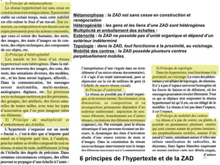 Métamorphose : la ZAD est sans cesse en construction et
renégociation
Hétérogénéité : les gens et les liens d’une ZAD sont hétérogènes
Multiplicité et emboîtement des échelles :
Extériorité : la ZAD ne possède pas d’unité organique et dépend d’un
extérieur indéterminé
Topologie : dans la ZAD, tout fonctionne à la proximité, au voisinage.
Mobilité des centres : la ZAD possède plusieurs centres
perpétuellement mobiles.
6 principes de l’hypertexte et de la ZAD 21
 