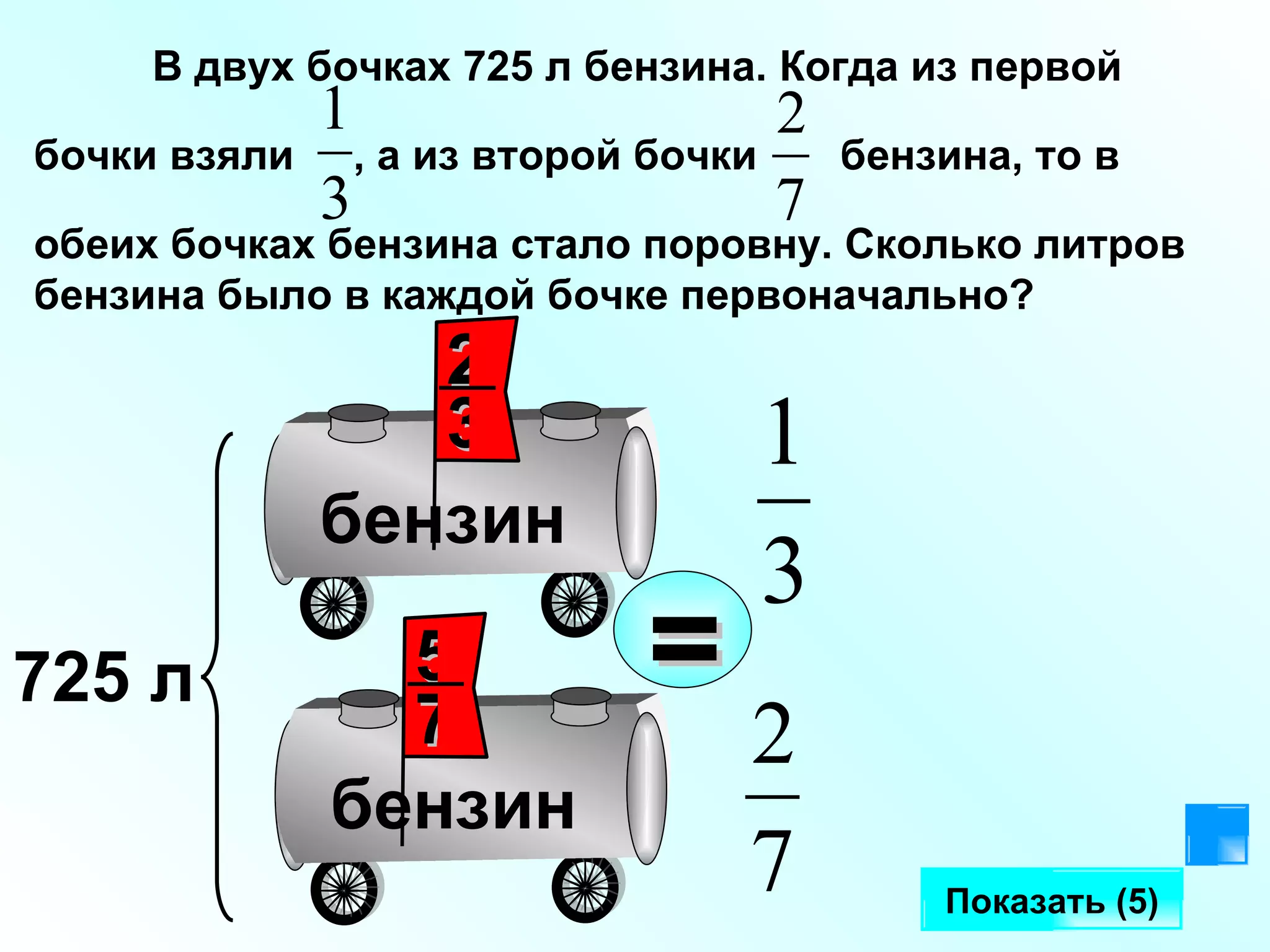 В двух бочках 725 л бензина. Когда из первой бочки взяли  , а из второй бочки  бензина, то в  обеих бочках бензина стало поровну. Сколько литров бензина было в каждой бочке первоначально?  Показать (5) бензин бензин 725 л = 2 3 5 7 