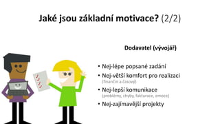 Jaké jsou základní motivace? (2/2)
Dodavatel (vývojář)
• Nej-lépe popsané zadání
• Nej-větší komfort pro realizaci
(finanční a časový)
• Nej-lepší komunikace
(problémy, chyby, fakturace, emoce)
• Nej-zajímavější projekty
 