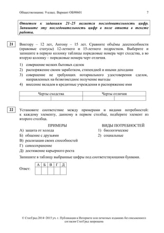 Обществознание. 9 класс. Вариант ОБ90601 7
© СтатГрад 2014−2015 уч. г. Публикация в Интернете или печатных изданиях без письменного
согласия СтатГрад запрещена
Ответом к заданиям 21–25 является последовательность цифр.
Запишите эту последовательность цифр в поле ответа в тексте
работы.
Виктору – 12 лет, Антону – 15 лет. Сравните объёмы дееспособности
(правовые статусы) 12-летнего и 15-летнего подростков. Выберите и
запишите в первую колонку таблицы порядковые номера черт сходства, а во
вторую колонку – порядковые номера черт отличия.
1) совершение мелких бытовых сделок
2) распоряжение своим заработком, стипендией и иными доходами
3) совершение не требующих нотариального удостоверения сделок,
направленных на безвозмездное получение выгоды
4) внесение вкладов в кредитные учреждения и распоряжение ими
Черты сходства Черты отличия
Установите соответствие между примерами и видами потребностей:
к каждому элементу, данному в первом столбце, подберите элемент из
второго столбца.
ПРИМЕРЫ ВИДЫ ПОТРЕБНОСТЕЙ
А) защита от холода
Б) общение с друзьями
В) реализация своих способностей
Г) самосохранение
Д) достижение карьерного роста
1) биологические
2) социальные
Запишите в таблицу выбранные цифры под соответствующими буквами.
Ответ:
А Б В Г Д
21
22
 