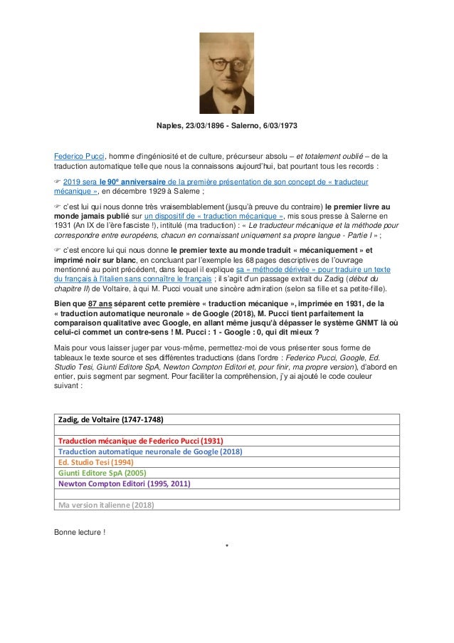 Traduction Mecanique D Un Extrait De Zadig Par Federico Pucci 1931