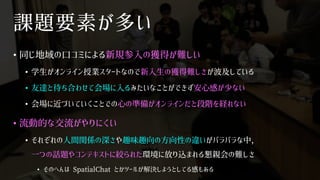 課題要素が多い
• 同じ地域の口コミによる新規参入の獲得が難しい
• 学生がオンライン授業スタートなので新入生の獲得難しさが波及している
• 友達と待ち合わせて会場に入るみたいなことができず安心感が少ない
• 会場に近づいていくことでの心の準備がオンラインだと段階を経れない
• 流動的な交流がやりにくい
• それぞれの人間関係の深さや趣味趣向の方向性の違いがバラバラな中，
一つの話題やコンテキストに絞られた環境に放り込まれる懇親会の難しさ
• そのへんは SpatialChat とかツールが解決しようとしてる感もある
 