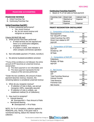 INTPRAB Notes from Brian Lim HDV/DNG
FRANCHISE REVENUE
A. Initial Franchise Fee
B. Continuing Franchise Fee
Initial Franchise Fee(IFF)
1. Is there substantial performance?
• Yes, record revenue
• No, do not record revenue and
recognize as unearned.
Criteria (All MUST BE met)
a. Initial services have been performed
• If initial services are not required and
there is no constructive obligation,
recognize revenue.
• If problem is silent, best indicator is
when company commences operation
b. Non-refundable payment (*if silent, nonrefun)
c. No adverse buyback/cancellation provision
**If any of the conditions is not followed, the entire
amount of IFF becomes an unearned revenue,
except when:
a) The down payment is non-refundable; and
b) The down payment represents the fair
measure of the services performed.
*Under the two conditions, the amount of down
payment becomes revenue, however, the
remaining balance is considered unearned revenue
2. When do you recognize revenue?
• If collection of note is likely, use accrual
(recognize 100%, reasonably assured)
• If collection of note is unlikely, use
installment method (% of Collections)
3. How much to recognize?
• Interest-bearing
 Downpayment + Face Amount of Note
• Noninterest-bearing
 Downpayment + PV of Note
NOTE: For % of completion, collection applied to
PRINCIPAL only. Hence, if the given note is
noninterest bearing, deduct the interest from the
collection.
Continuing Franchise Fee(CFF)
• Based on % of net sales as fixed payment
Franchise Cost Direct Cost Indirect Cost
IFF Matched w/
Revenue
Expense
CFF Expense Expense
PROFIT RECOGNITION-INSTALLMENT
1. Computation of Gross Profit
Downpayment XX
Fair Value/PV of Note XX
Initial Franchise Fee (IFF) XX
Direct Cost related to IFF (XX)
DGP-IFF XX
2. Computation of GP Rate
DGP-IFF XX
Divided by: IFF XX
GP Rate %
3. Computation of RGP-IFF
Collections XX
Multiply: GP Rate %
RGP-IFF XX
4. Net Income
RGP-IFF XX
CFF XX
Total Franchise Revenue XX
Interest Income XX
Total Revenue XX
Franchise Cost (XX)
Net Income XX
FRANCHISE ACCOUNTING
Downloaded by Sam Nguy?n (samnguyen1004@gmail.com)
lOMoARcPSD|7994367
 